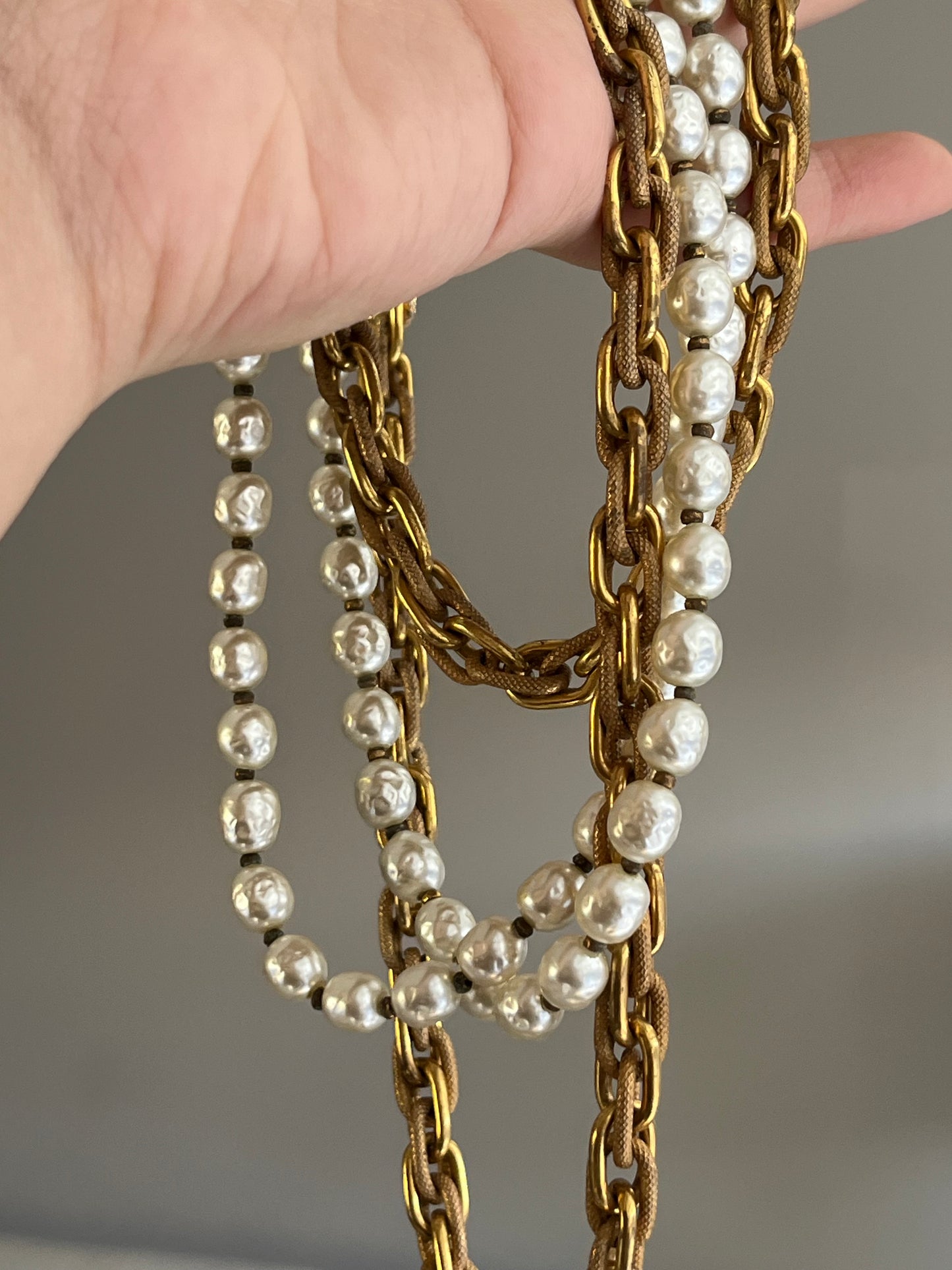 Vintage Miriam Haskell Classic "Niki" Baroque Glass Pearl Bronze-Tone Chain Long Necklace Set