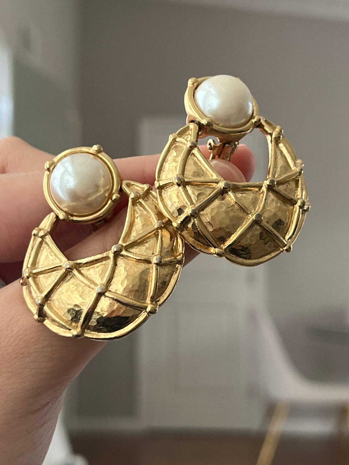 Vintage Givenchy Door Knocker Round Pearl Quilted Drop Gold-Tone Clip-On Earrings