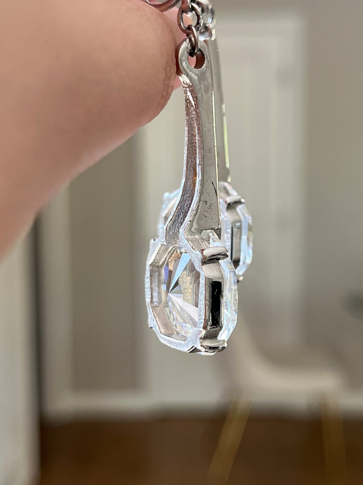 Vintage Givenchy 1978 Clear Faux Crystal Rhinestone Dangle Drop Long Shoulder Brush Silver-Tone Clip-On Earrings