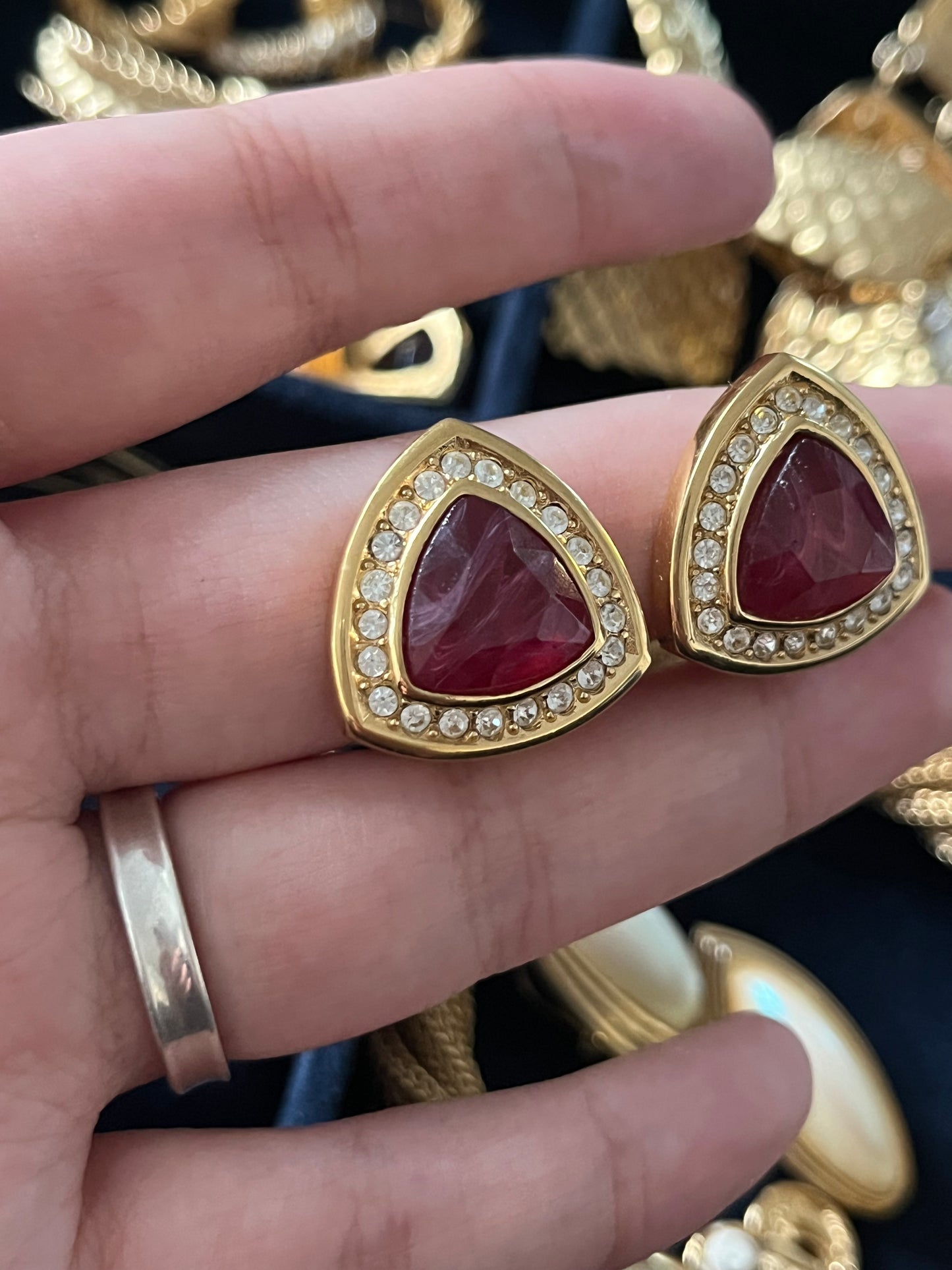 Vintage Christian Dior Triangular Red Swirly Glass Cabochon Rhinestone Edge Gold-Tone Clip-On Earrings