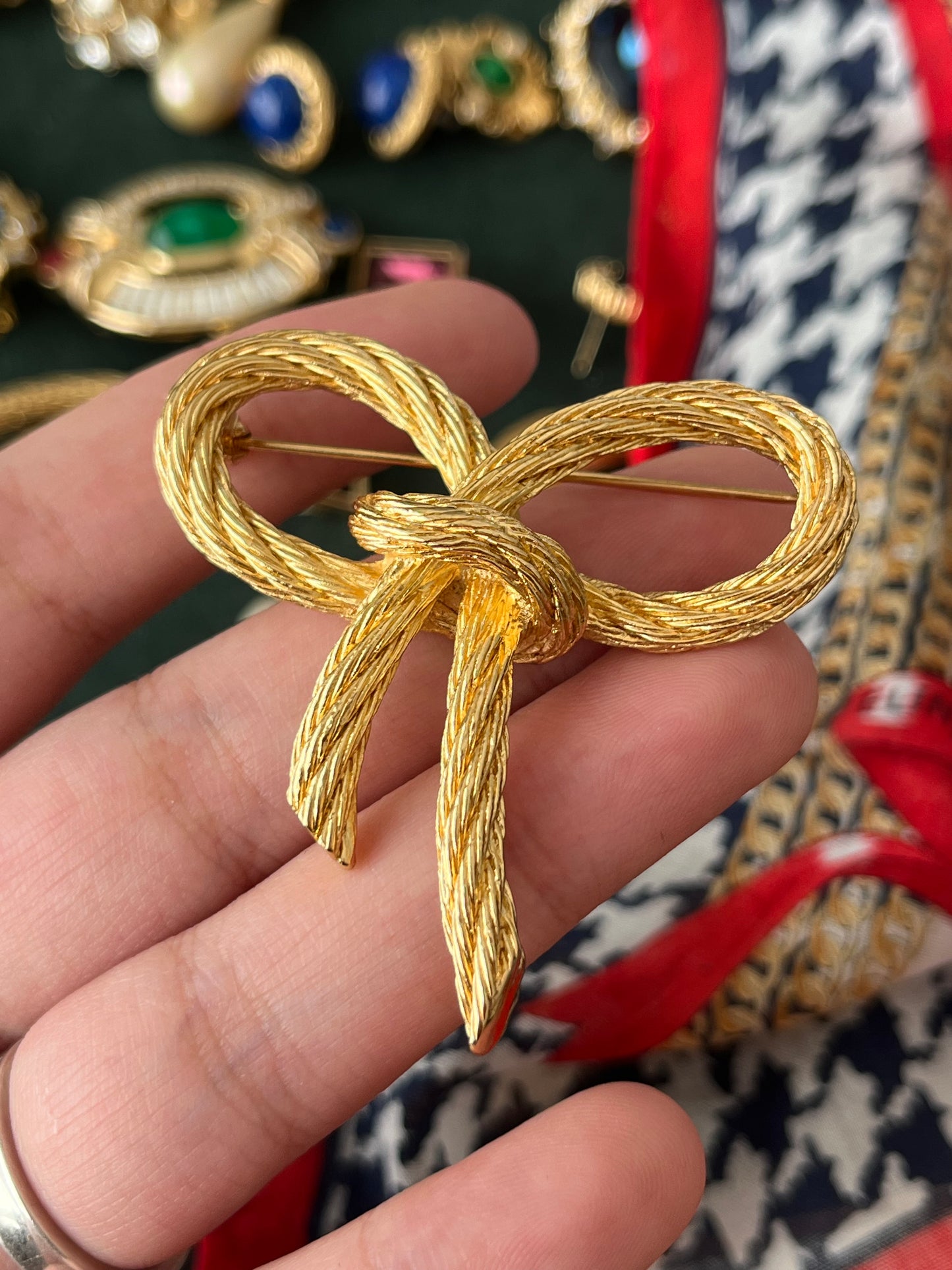 Vintage Christian Dior "Rope" Collection Bow Tie Butterfly Knot Braided Rope Brushed Gold-Tone Brooch
