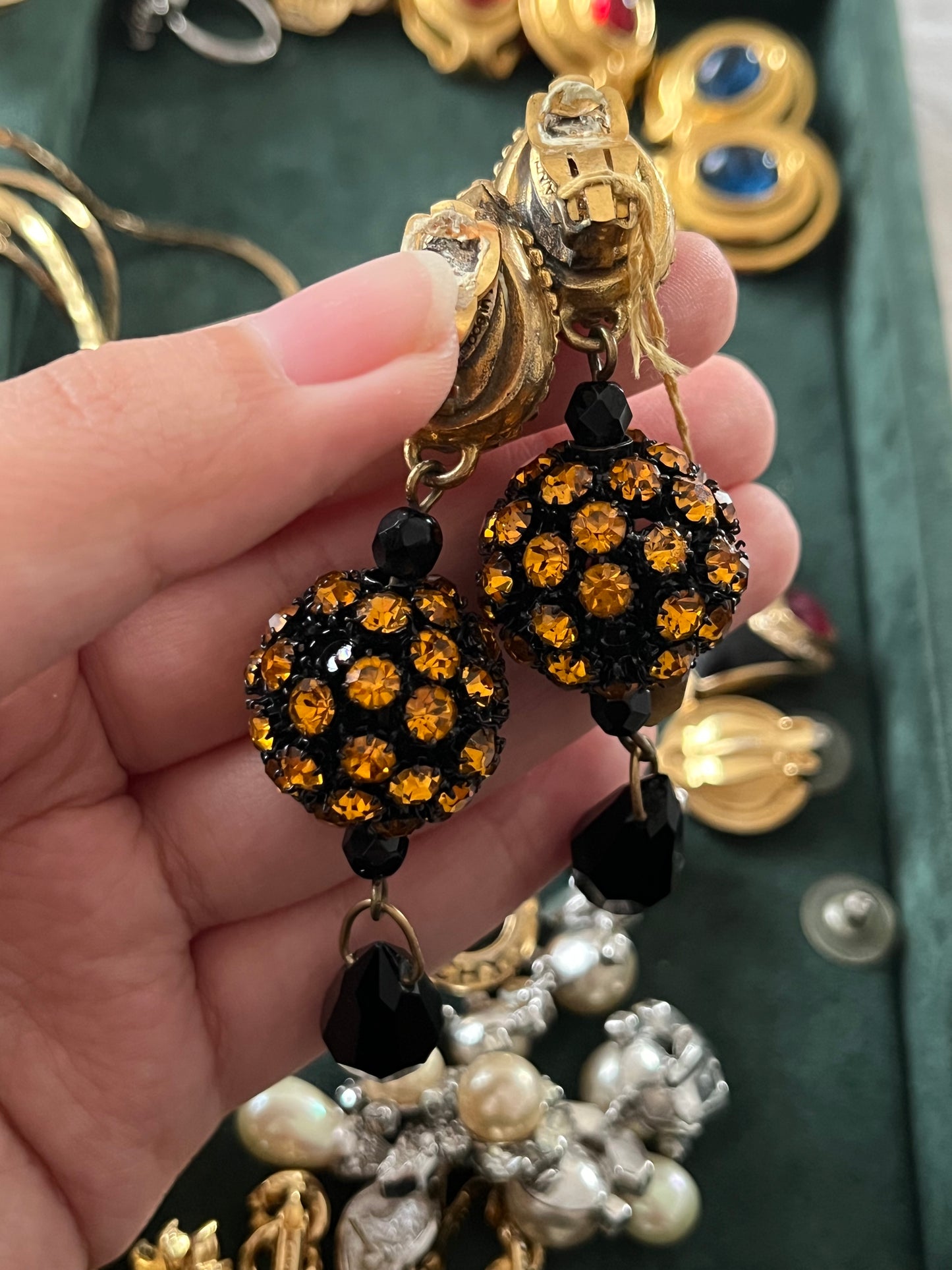 Vintage Yves Saint Laurent Rive Gauche YSL Orange Rhinestone Ball Dangle Drop Long Shoulder Brush Gold-Tone Clip-On Earrings