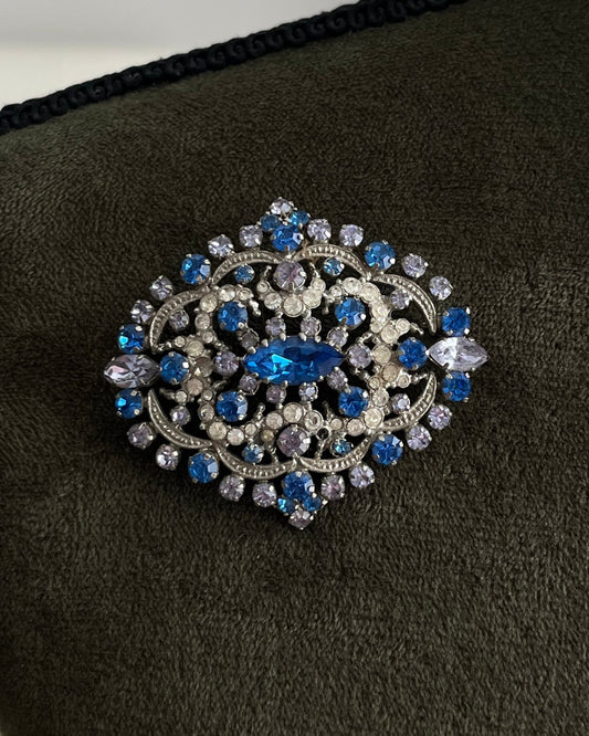 Vintage Made In Austria Blue Purple Clear Rhinestone Silver-Tone Brooch