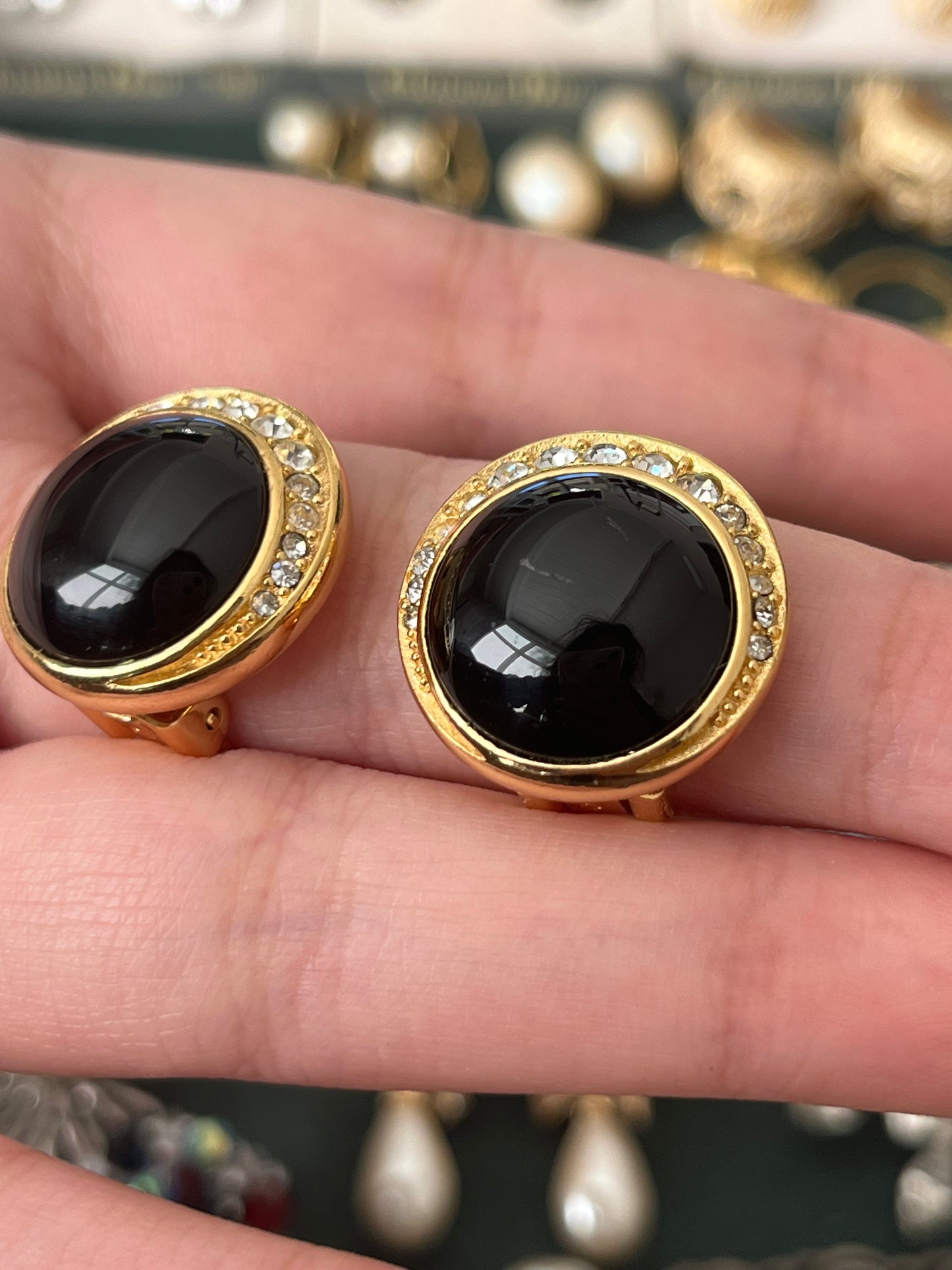 Vintage Christian Dior Round Black Poured Glass Cabochon Rhinestone Gold-Tone Clip-On Earrings
