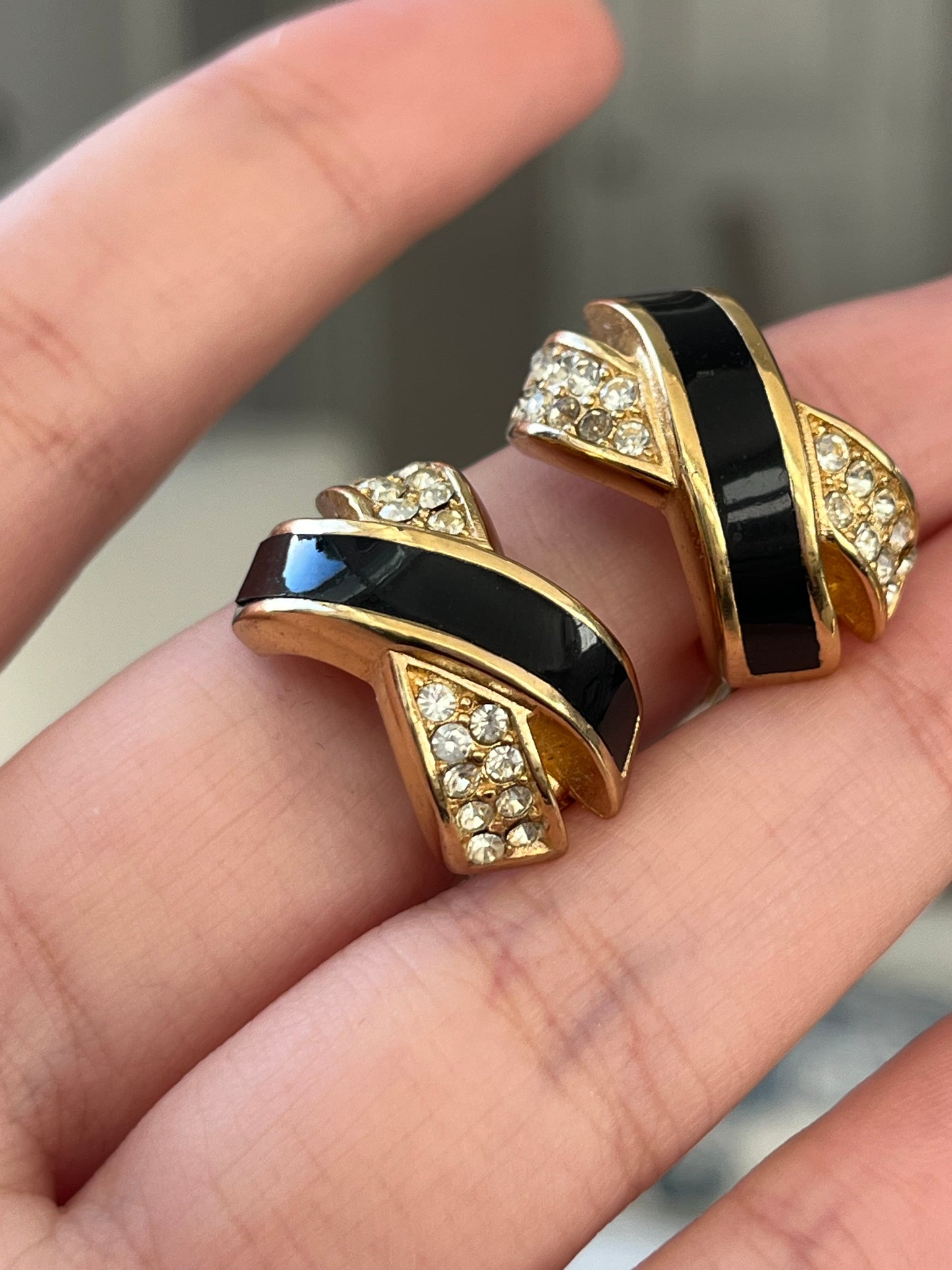 Vintage Christian Dior Classic "X" Cross Black Enamel Rhinestone Pavé Gold-Plated Clip-On Earrings