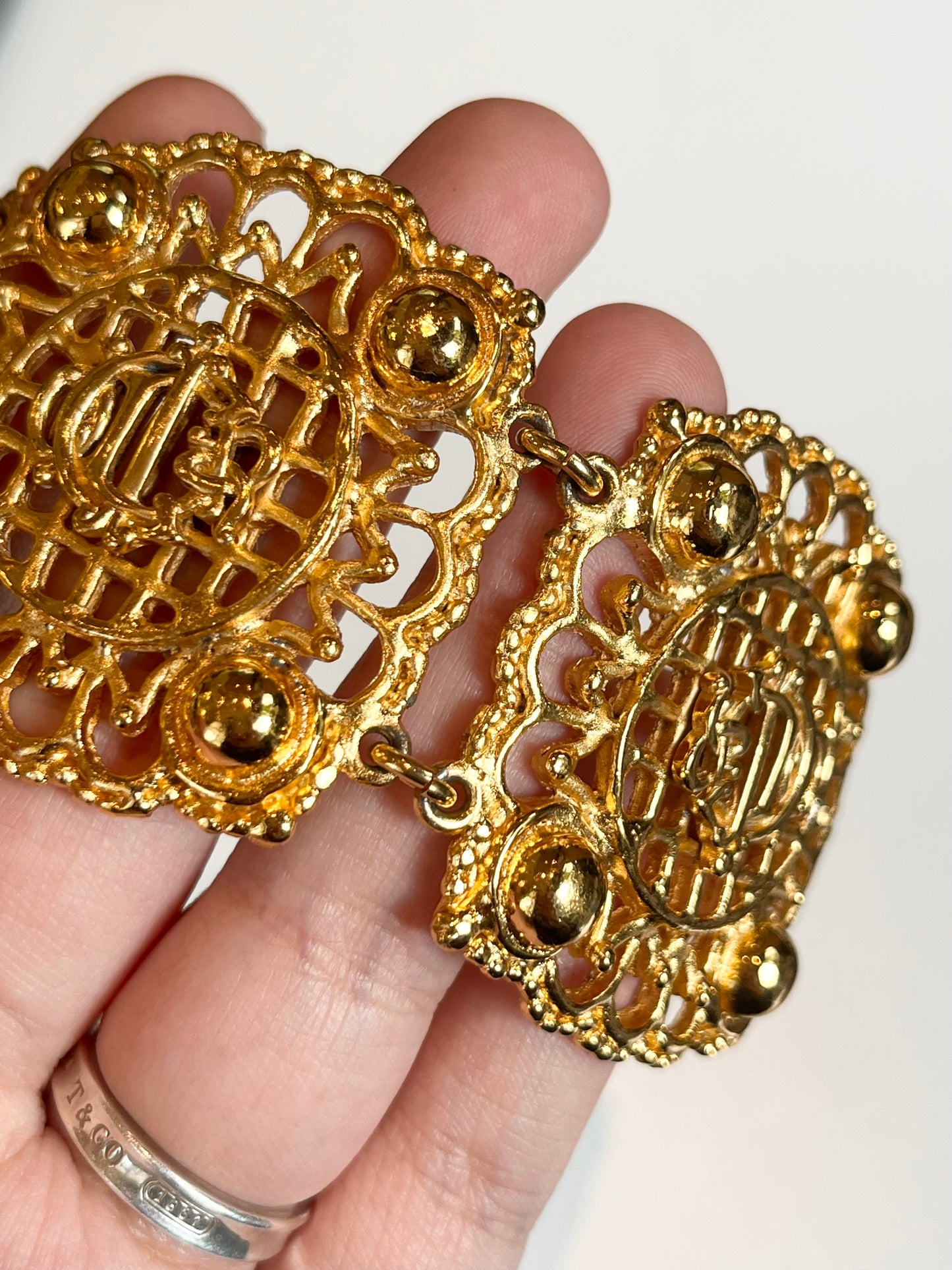 Vintage Christian Dior "Pumpkin Carriage" Collection Classic Monogram Logo Hollow Gold-Tone Bracelet Cuff Bangle