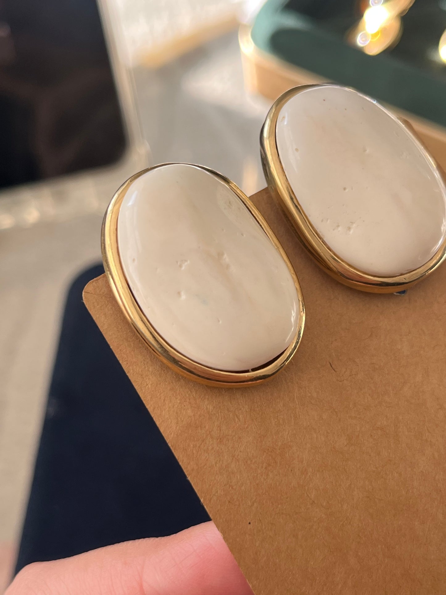 Vintage Givenchy Irregular Cream Faux Marble Shell Resin Cabochon Gold-Tone Clip-On Earrings