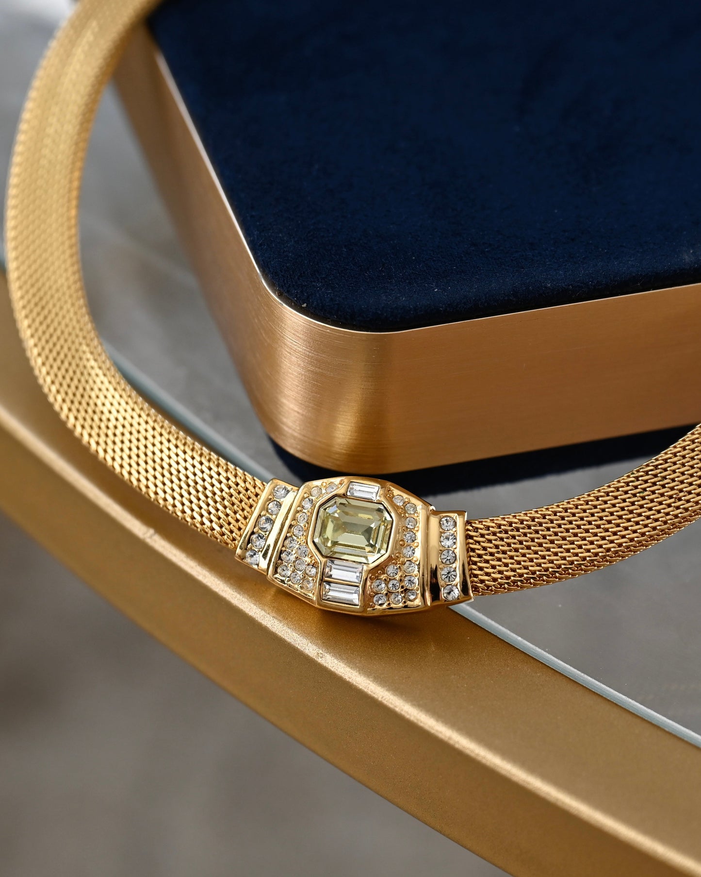 Vintage Christian Dior Rectangular Greenish Yellow Rhinestone Thick Braided Mesh Chain Gold-Tone Choker Necklace