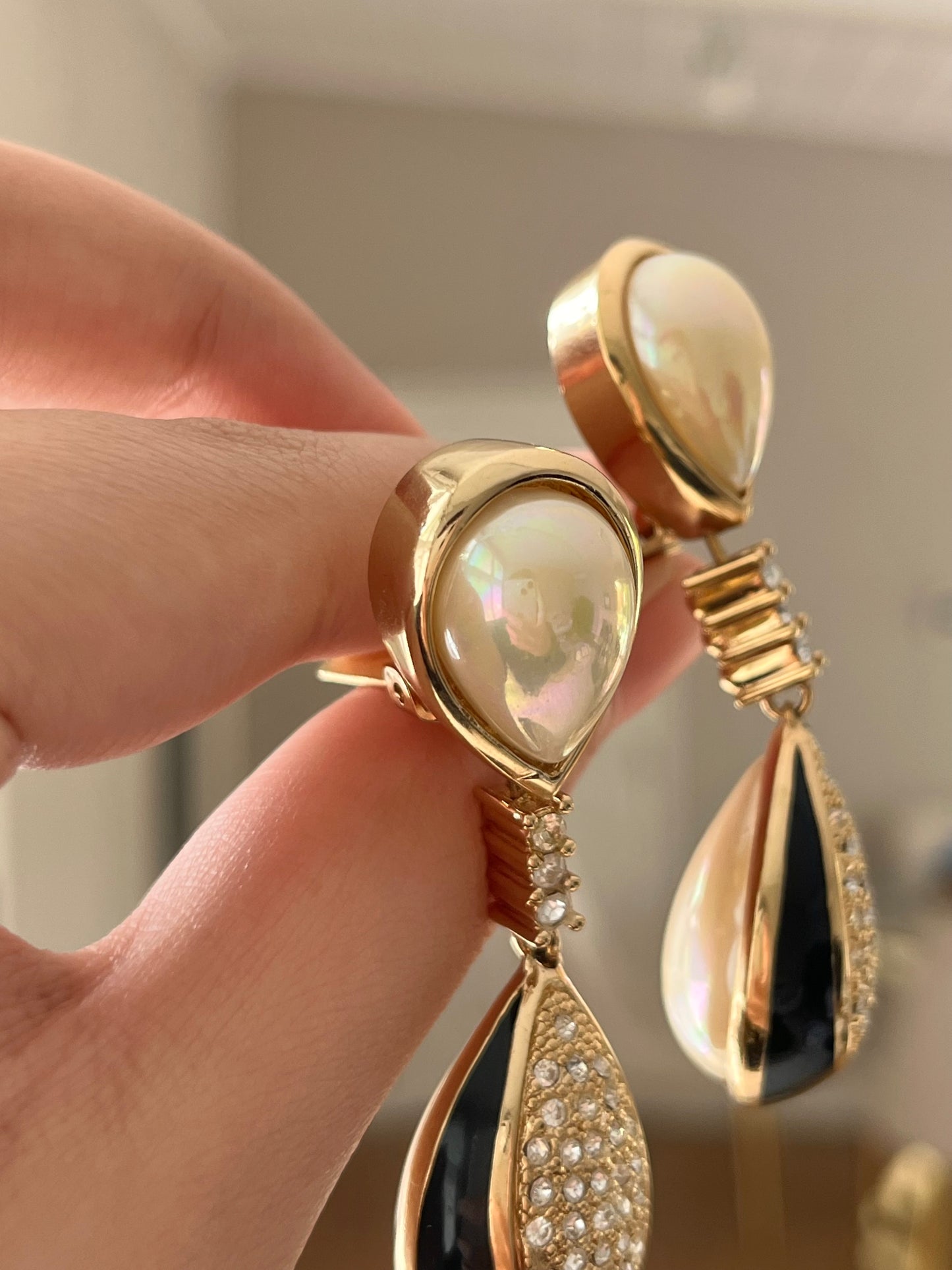 Vintage Christian Dior Pearl Black Enamel Rhinestone Pavé Teardrop Dangle Drop Long Shoulder Brush Two-Side Gold-Tone Clip-On Earrings