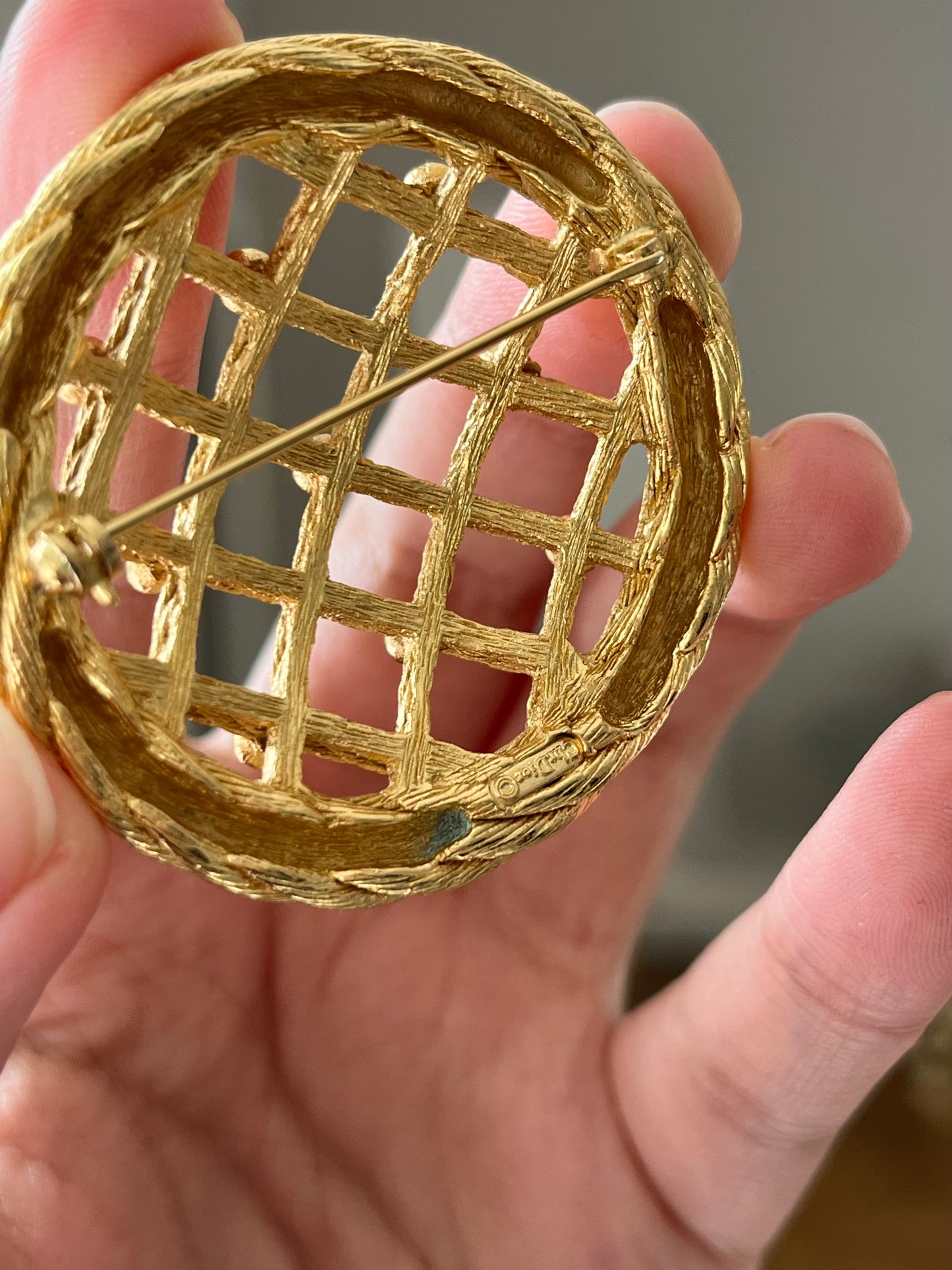 Vintage Christian Dior "Rope" Collection Dream Catcher Braided Knot Rhinestone Round Gold-Tone Brooch