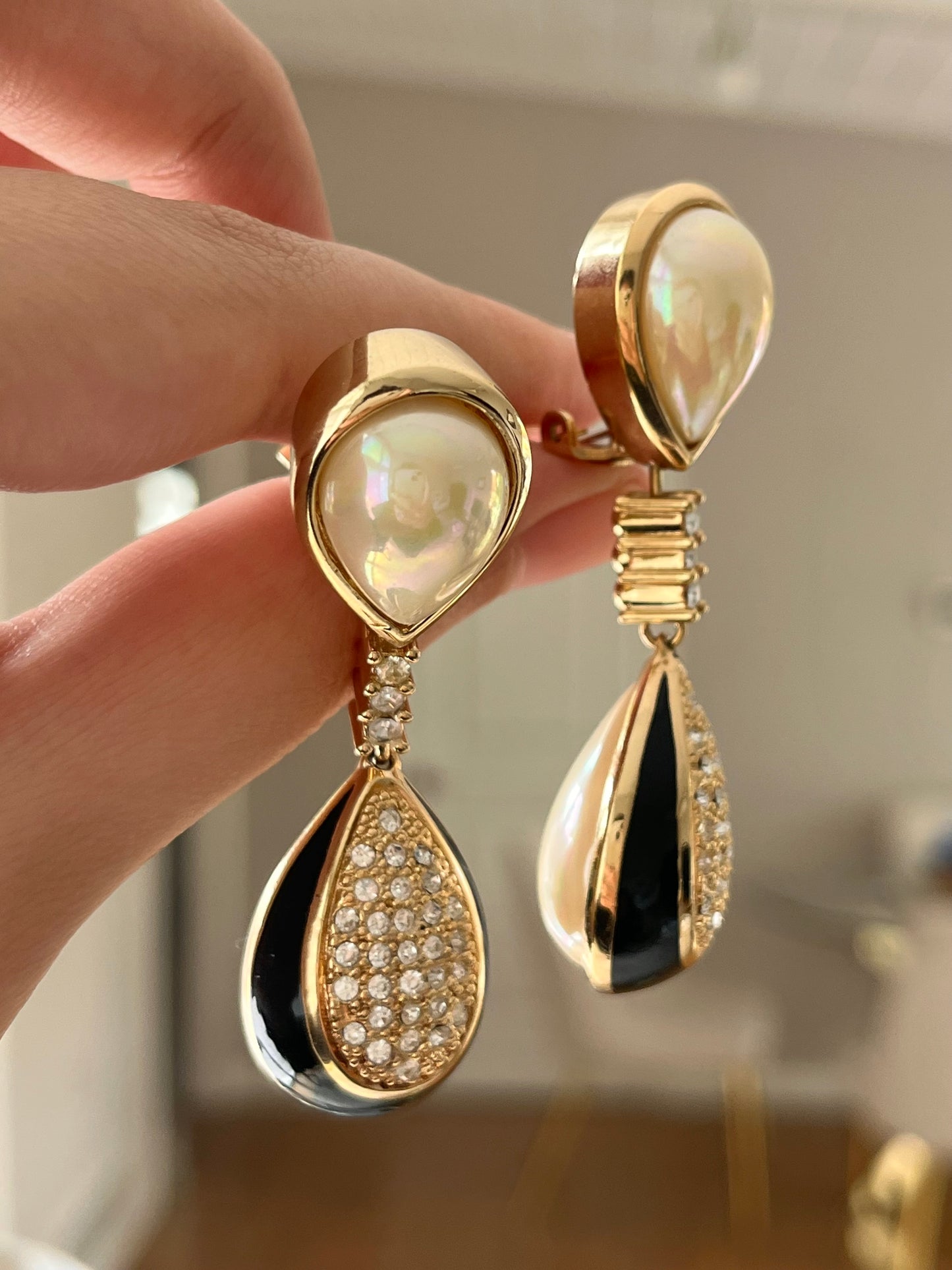 Vintage Christian Dior Pearl Black Enamel Rhinestone Pavé Teardrop Dangle Drop Long Shoulder Brush Two-Side Gold-Tone Clip-On Earrings