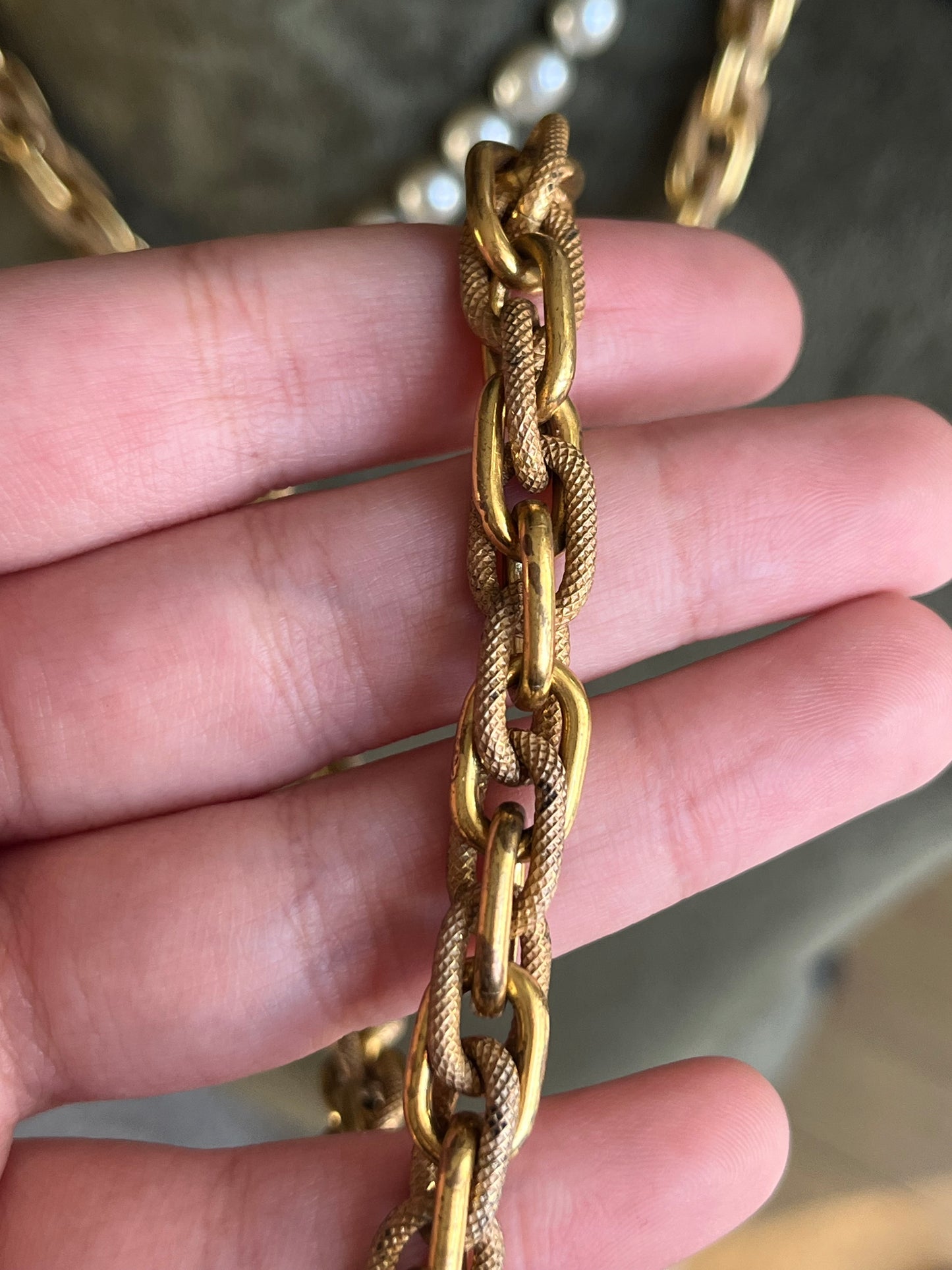 Vintage Miriam Haskell Classic "Niki" Baroque Glass Pearl Bronze-Tone Chain Long Necklace Set