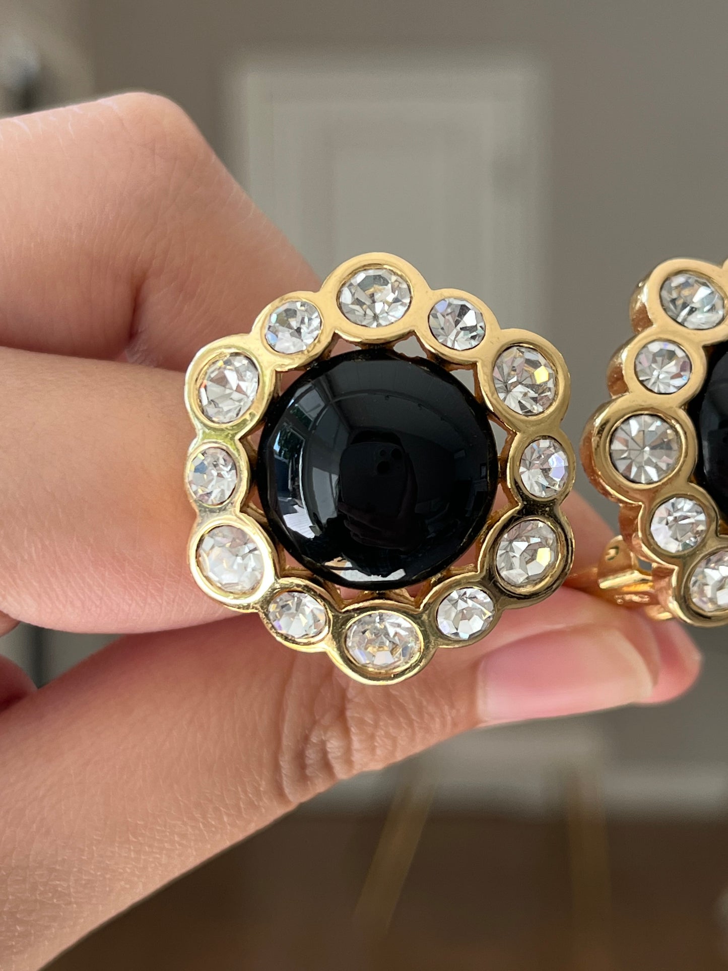 Vintage Christian Dior Flower Round Black Poured Glass Cabochon Large Rhinestone Edge Gold-Tone Clip-On Earrings