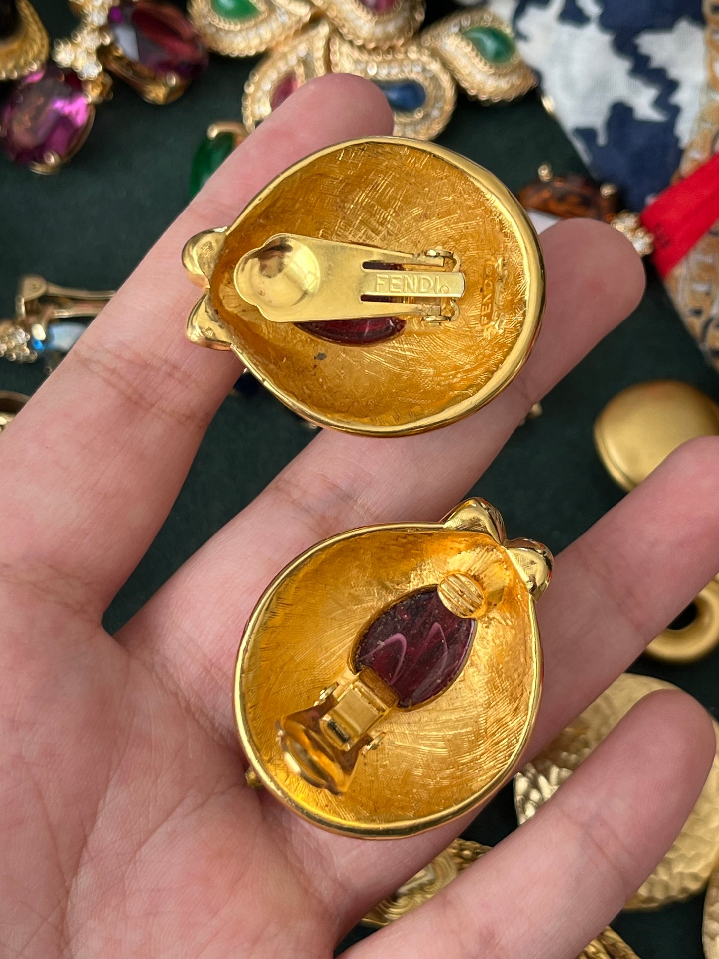 Vintage Fendi "Tulip" Collection Oval Red Swirly Poured Glass Cabochon Black Enamel Logo Gold-Tone Clip-On Earrings