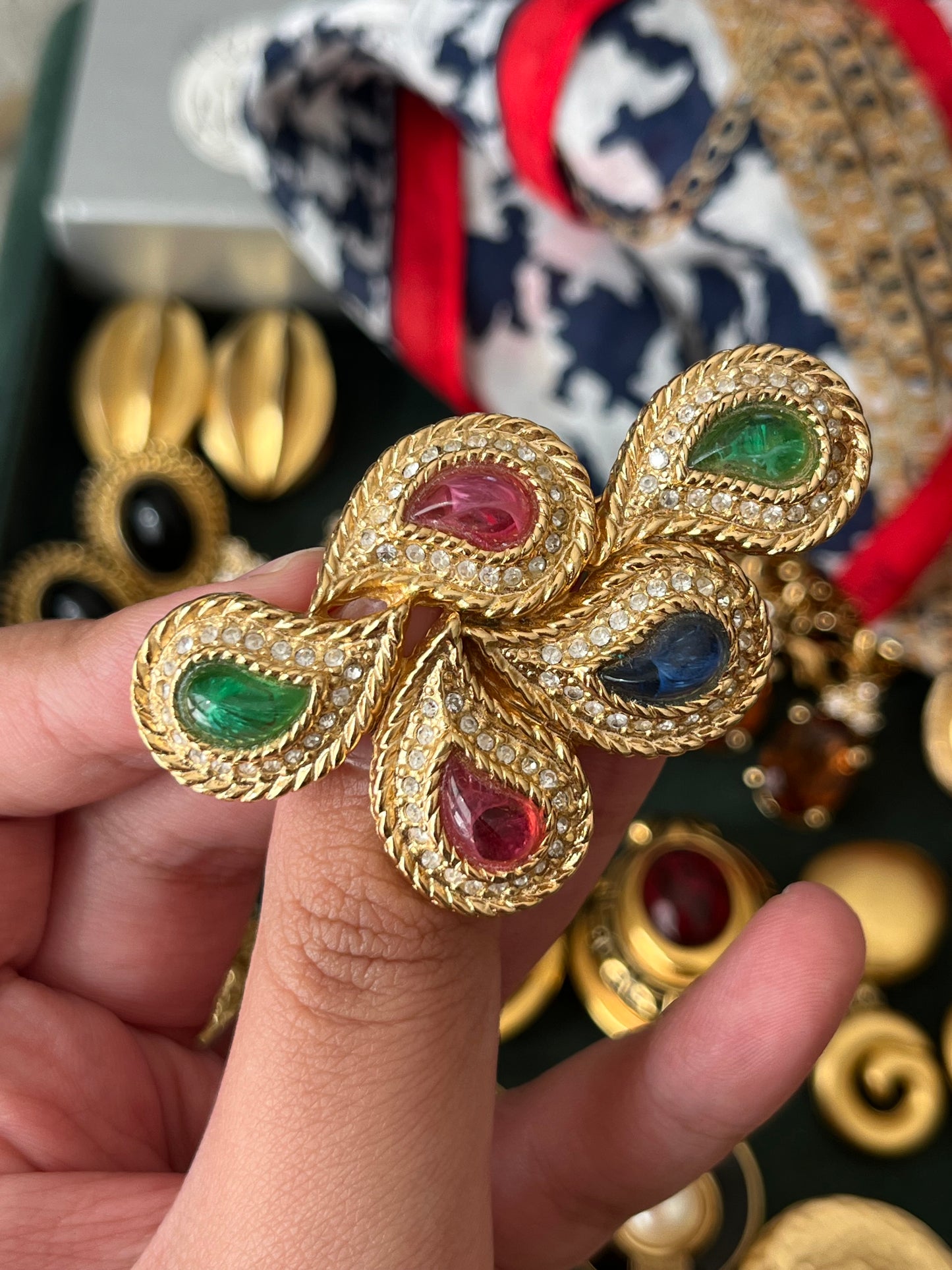 Vintage Christian Dior "Phoenix's Feather" Paisley Tri-Color Poured Glass Cabochon Gold-Tone Brooch