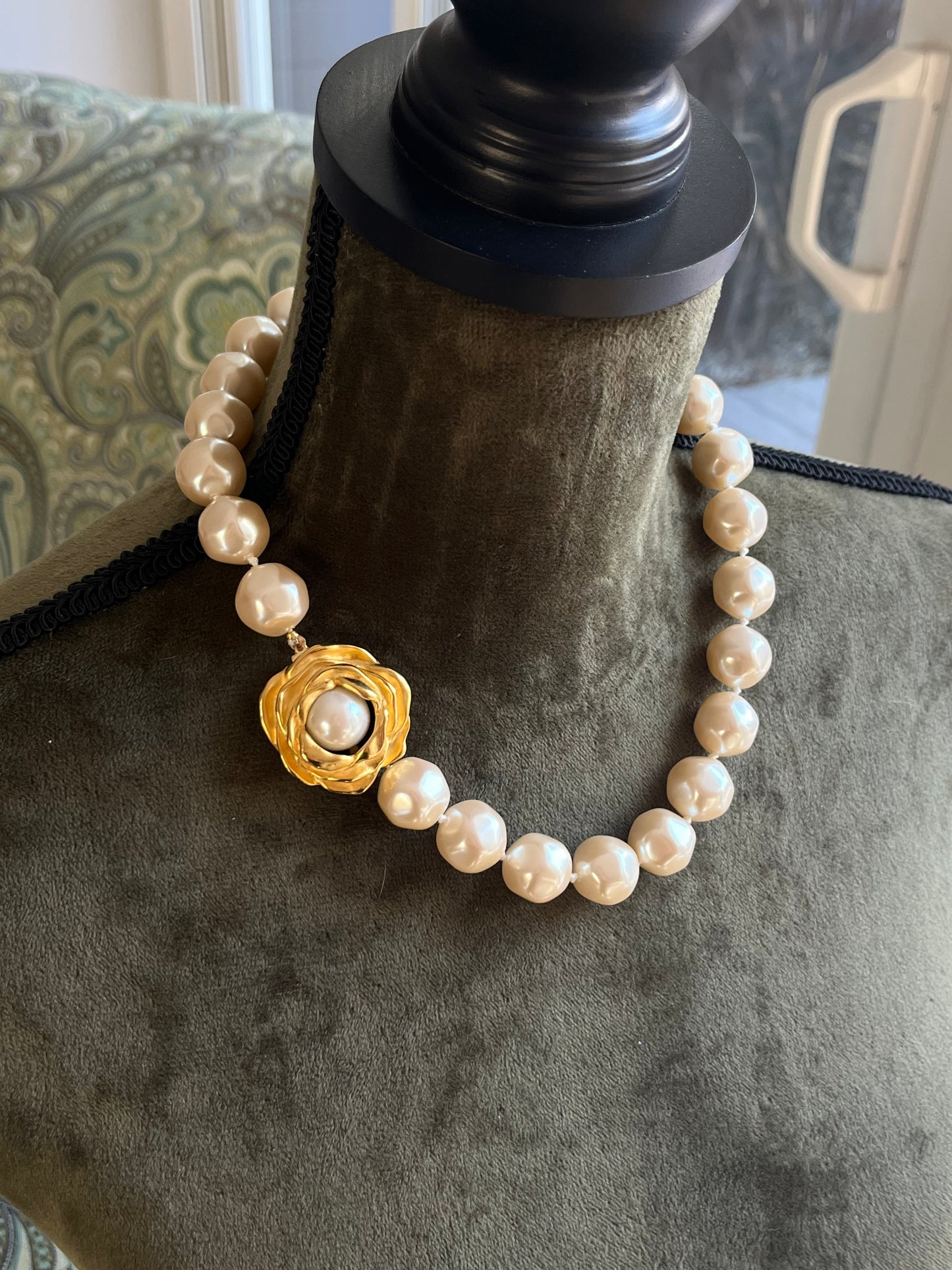 Vintage Givenchy "Rose" Collection Large Baroque Pearl Matte Gold Beaded Statement Necklace