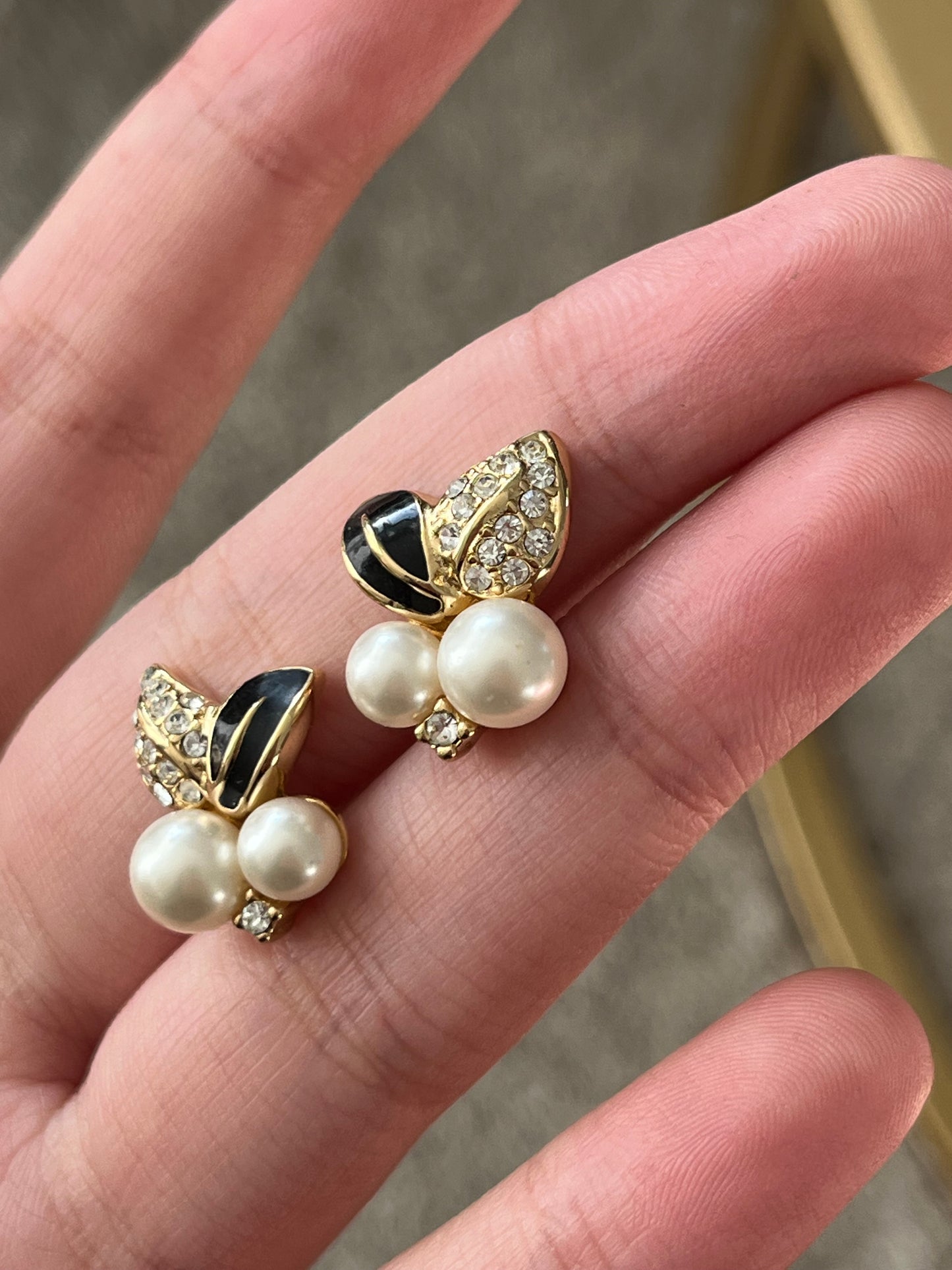 Vintage Christian Dior Fruit Round Pearl Black Enamel Rhinestone Pavé Gold-Tone 14k Gold Post Mini Pierced Earrings
