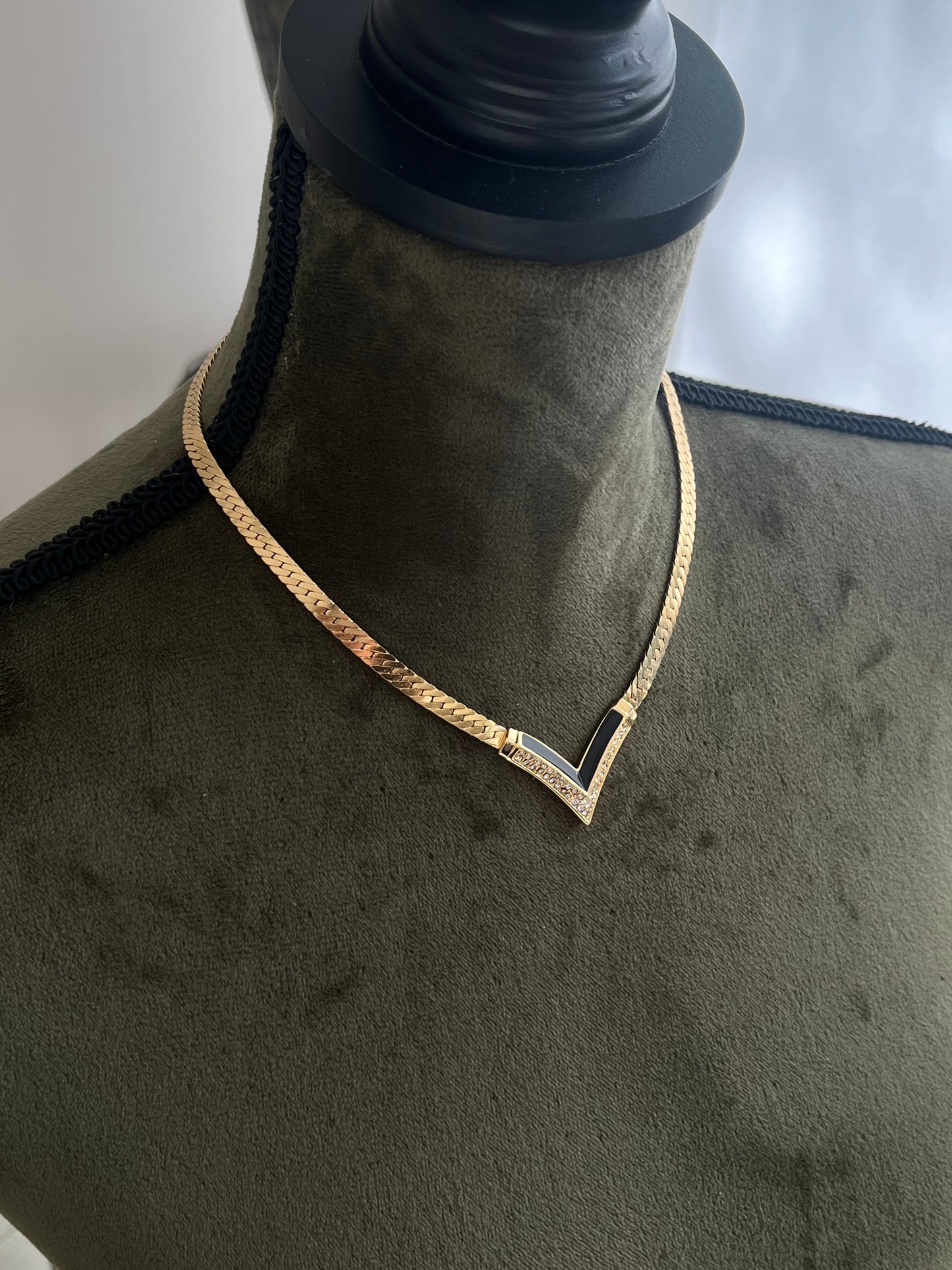 Vintage Christian Dior “V” Rhinestone Pavé Black Enamel Gold-Tone Clip-On Earrings Necklace Set