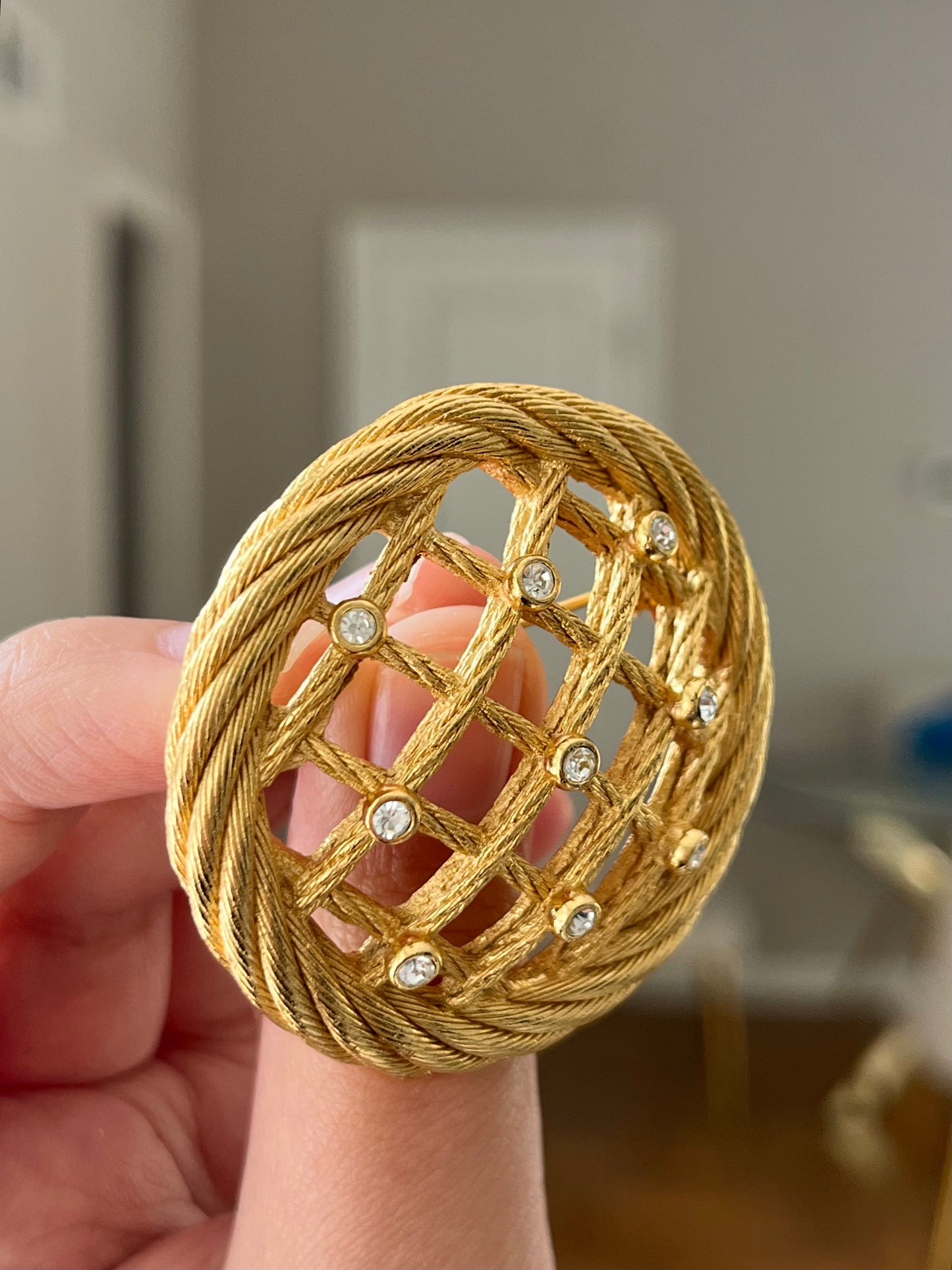 Vintage Christian Dior "Rope" Collection Dream Catcher Braided Knot Rhinestone Round Gold-Tone Brooch