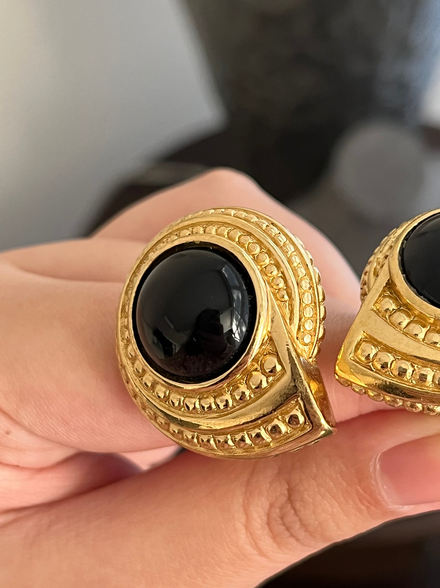 Vintage Christian Dior Sea Shell Round Black Poured Glass Cabochon Swirl Dotted Edge Gold-Plated Clip-On Earrings