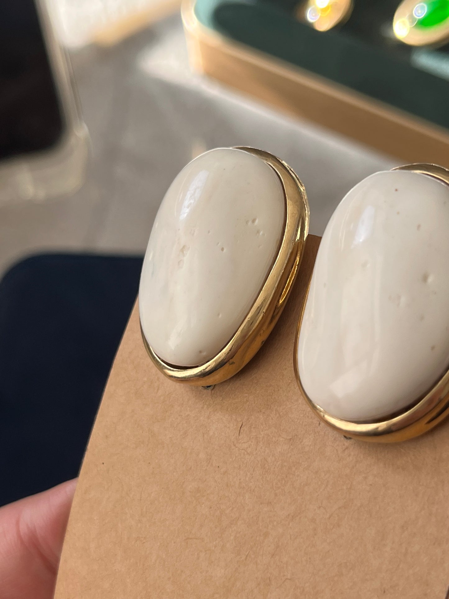 Vintage Givenchy Irregular Cream Faux Marble Shell Resin Cabochon Gold-Tone Clip-On Earrings