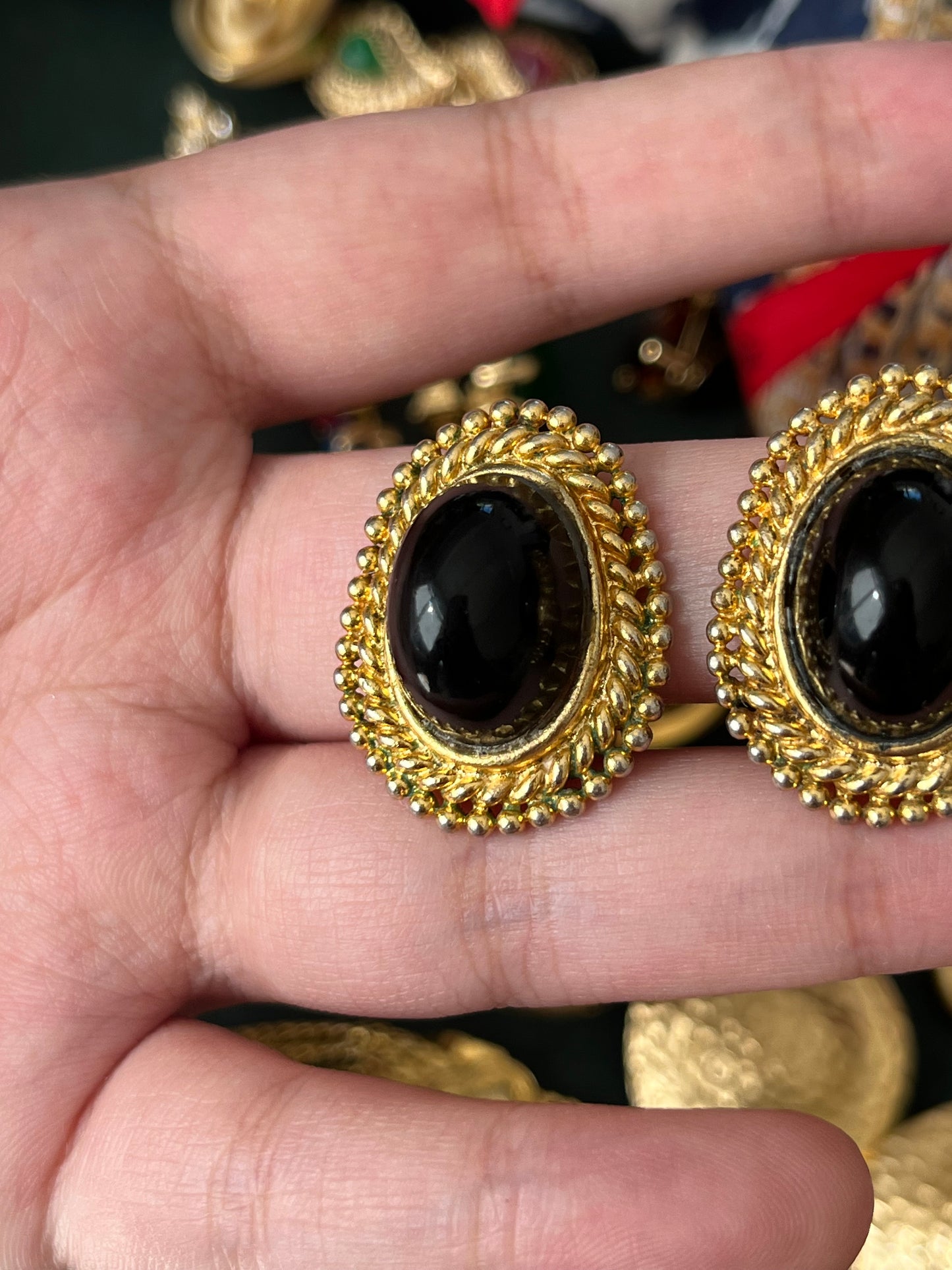 Vintage Christian Dior 1971 Irregular Black Poured Glass Cabochon Dotted Braided Edge Gold-Tone Clip-On Earrings