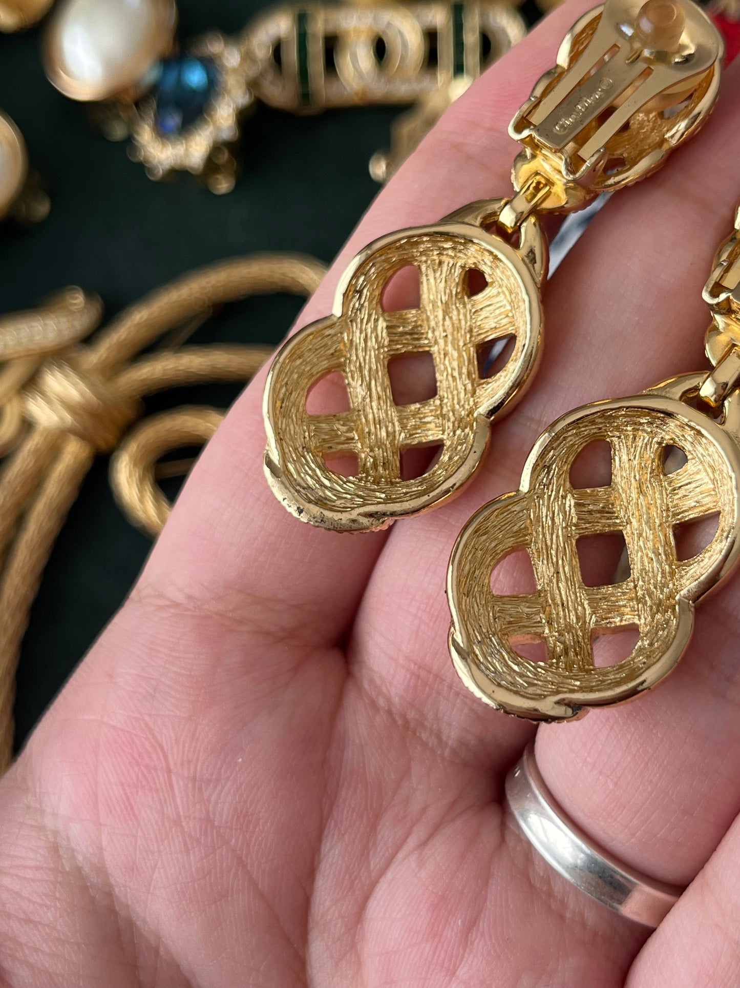 Vintage Christian Dior "Lace" Collection Hollow Braided Teardrop Dangle Drop Rhinestone Gold-Tone Clip-On Earrings