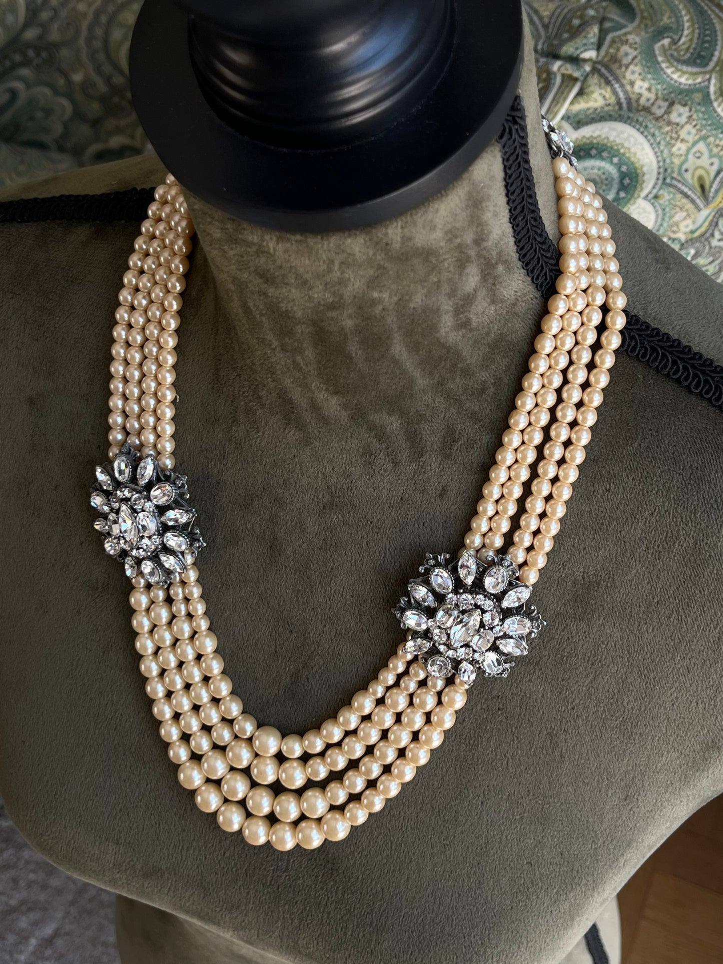 Vintage Ben-Amun Maltese Flower Accent Pearl Beaded Four-Stranded Layered Long Silver-Tone Statement Necklace