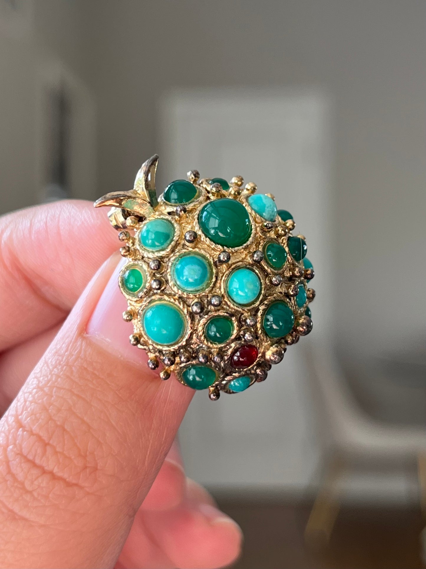 Vintage Grossé (Christian Dior) 1966 Fruit Turquoise Amazonite Faux Jade Cabochon Gold-Tone Brooch