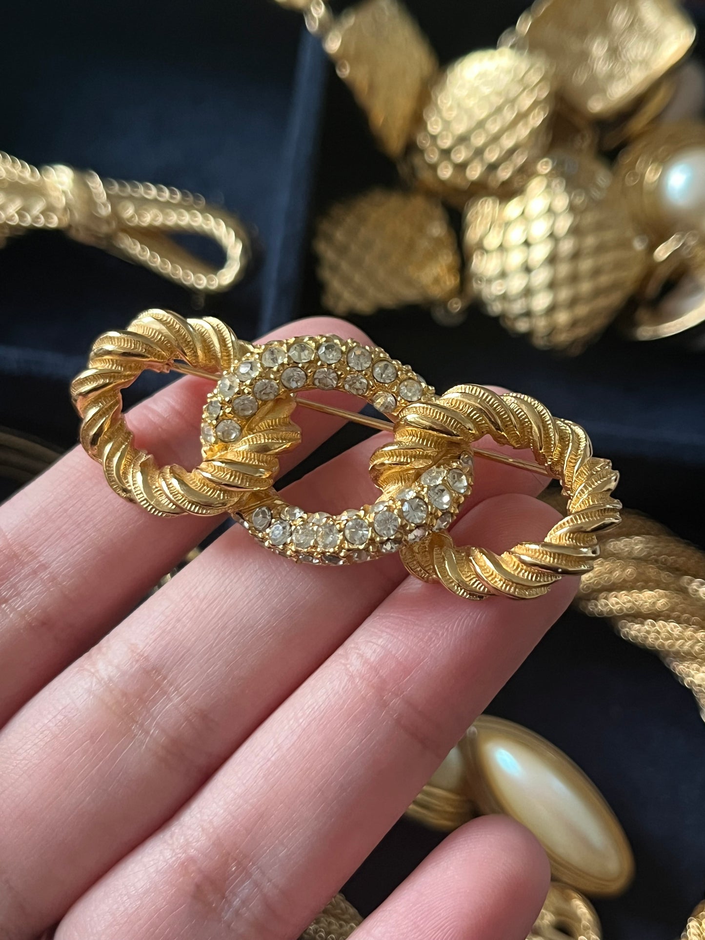 Vintage Christian Dior "Rope" Collection Braided Knot Brushed Gold Rhinestone Gold-Tone Bar Brooch