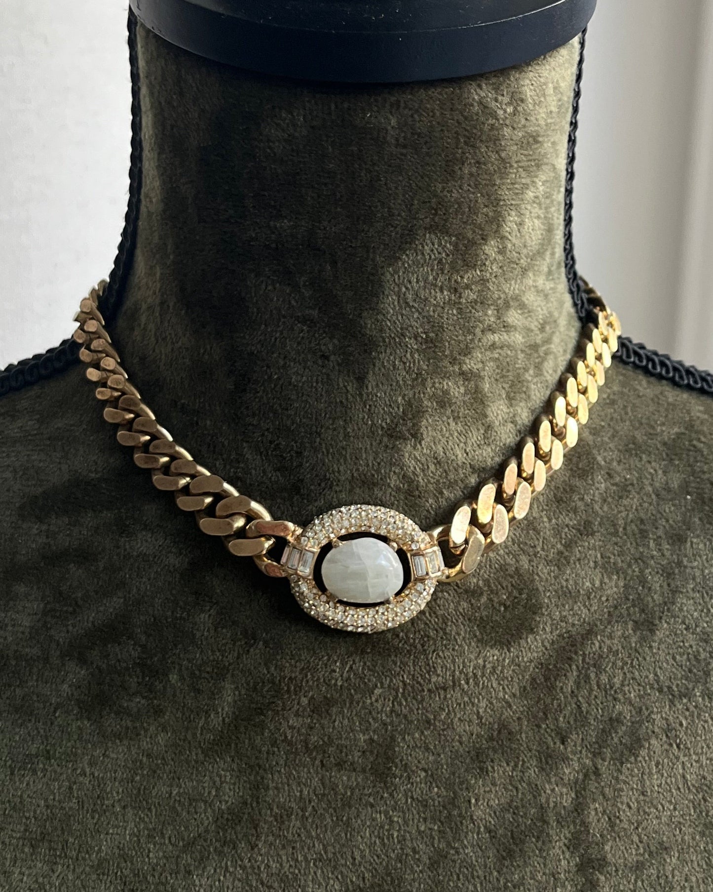 Vintage Christian Dior Irregular Milky White Swirly Poured Glass Cabochon Prong Rhinestone Pavé Edge Gold-Tone Chain Necklace