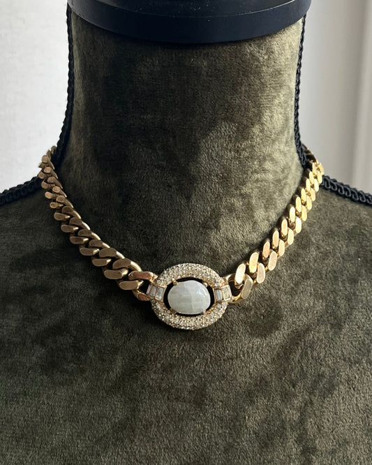 Vintage Christian Dior Irregular Milky White Swirly Poured Glass Cabochon Prong Rhinestone Pavé Edge Gold-Tone Chain Necklace