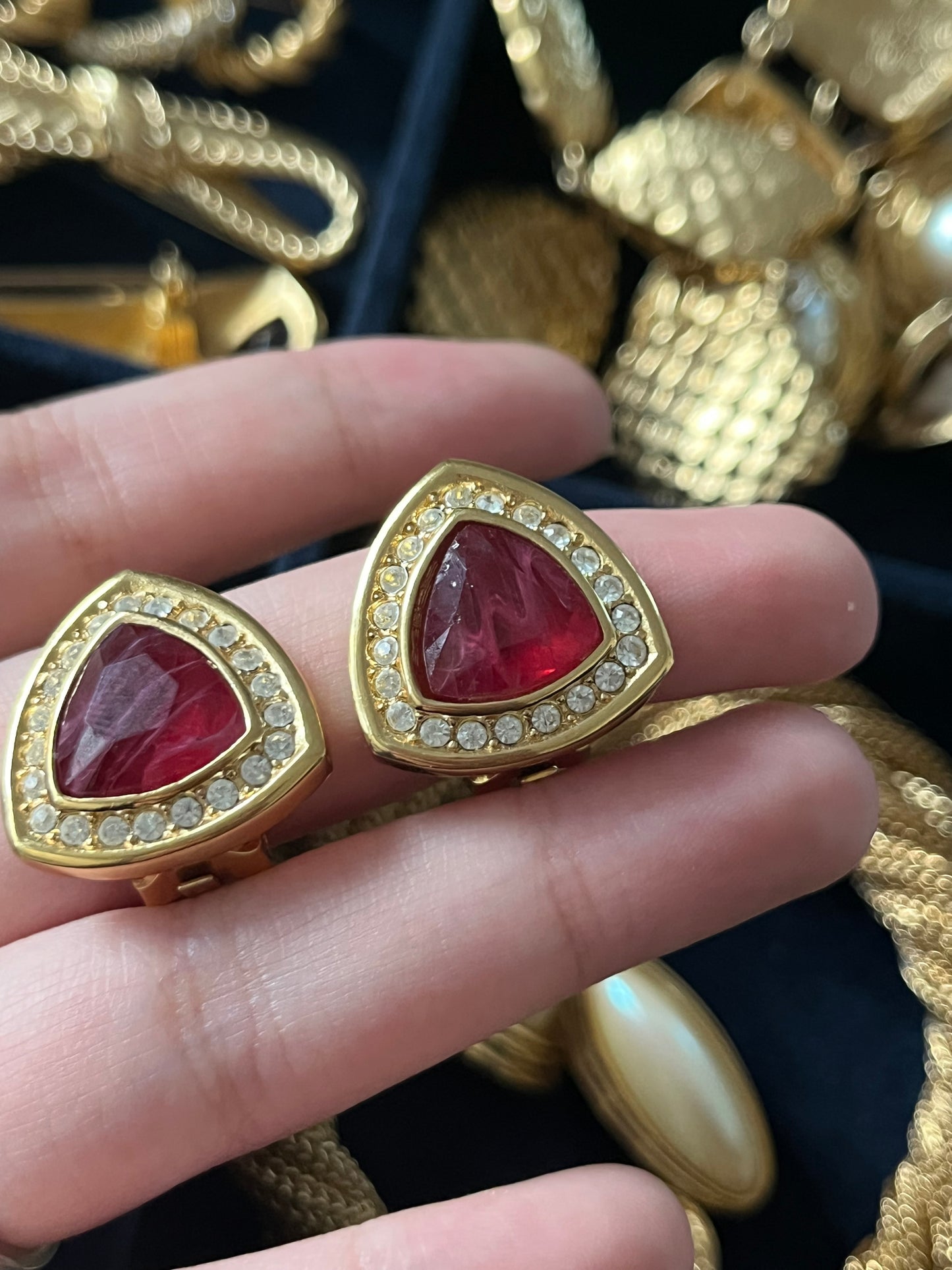 Vintage Christian Dior Triangular Red Swirly Glass Cabochon Rhinestone Edge Gold-Tone Clip-On Earrings