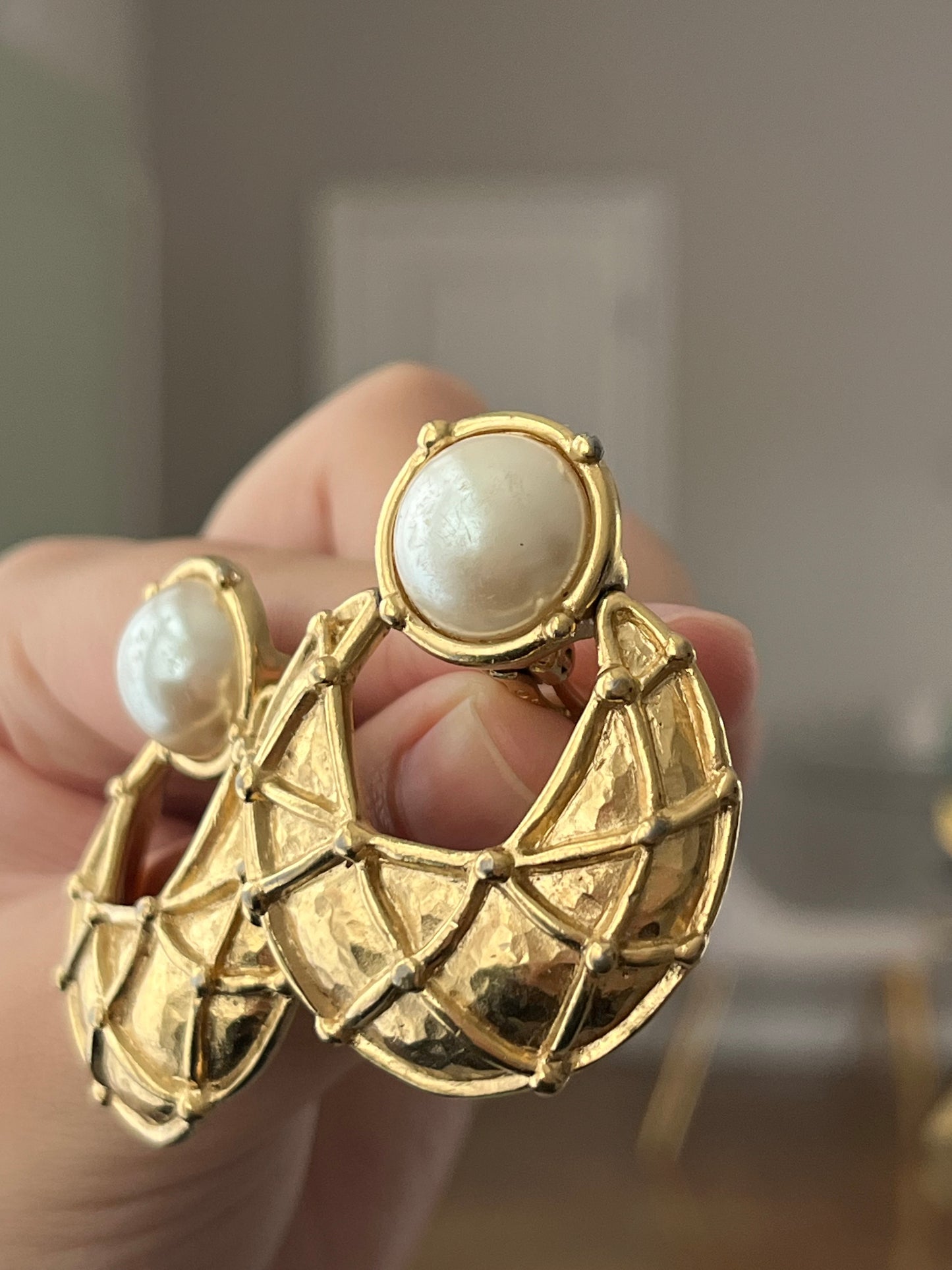 Vintage Givenchy Door Knocker Round Pearl Quilted Drop Gold-Tone Clip-On Earrings