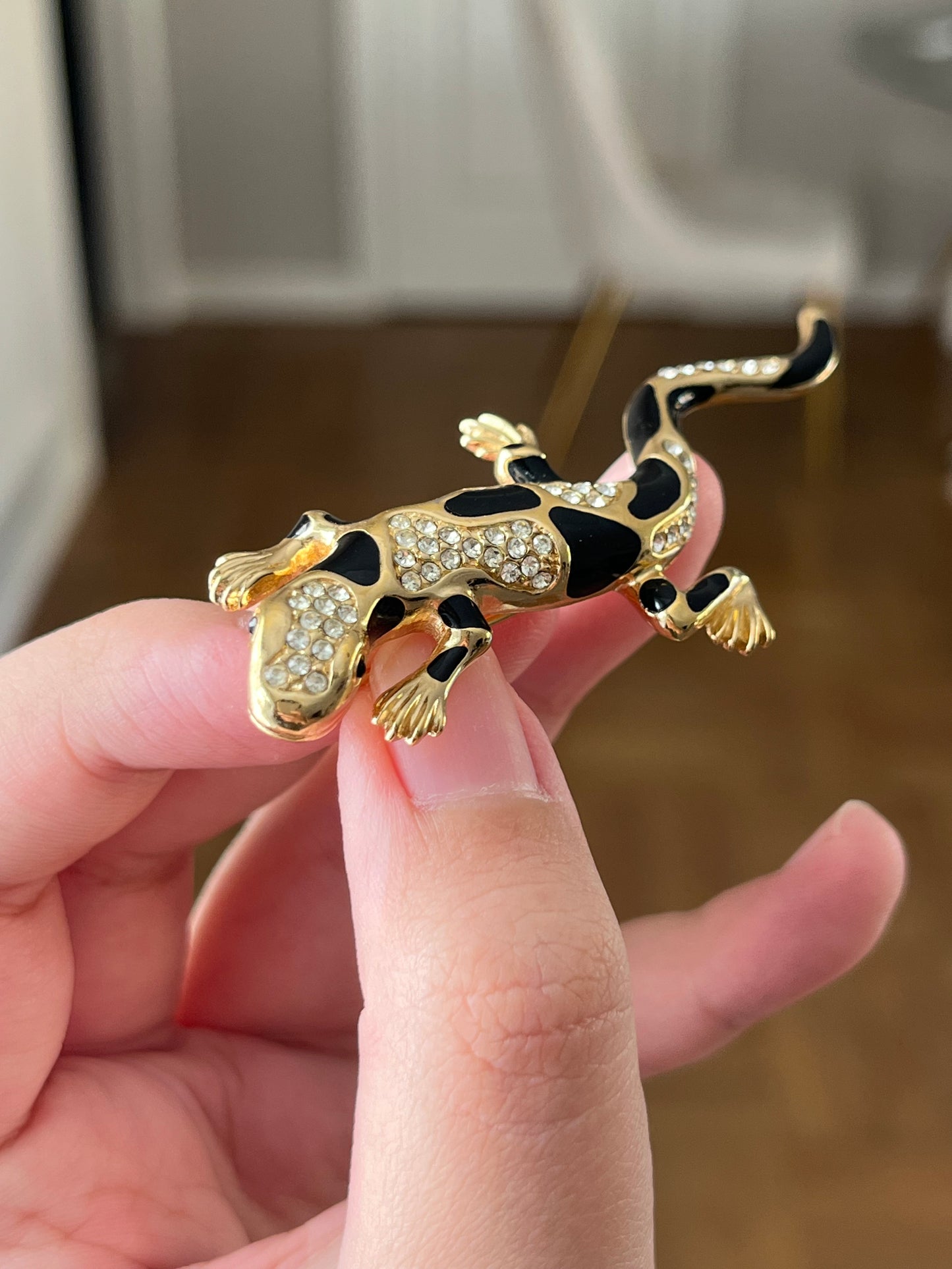 Vintage Christian Dior "Zoo" Collection Lizard Black Enamel Rhinestone Gold-Tone Brooch