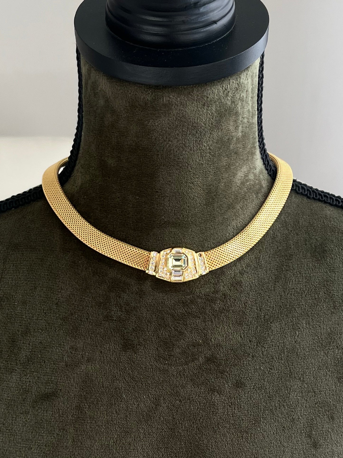 Vintage Christian Dior Rectangular Greenish Yellow Rhinestone Thick Braided Mesh Chain Gold-Tone Choker Necklace