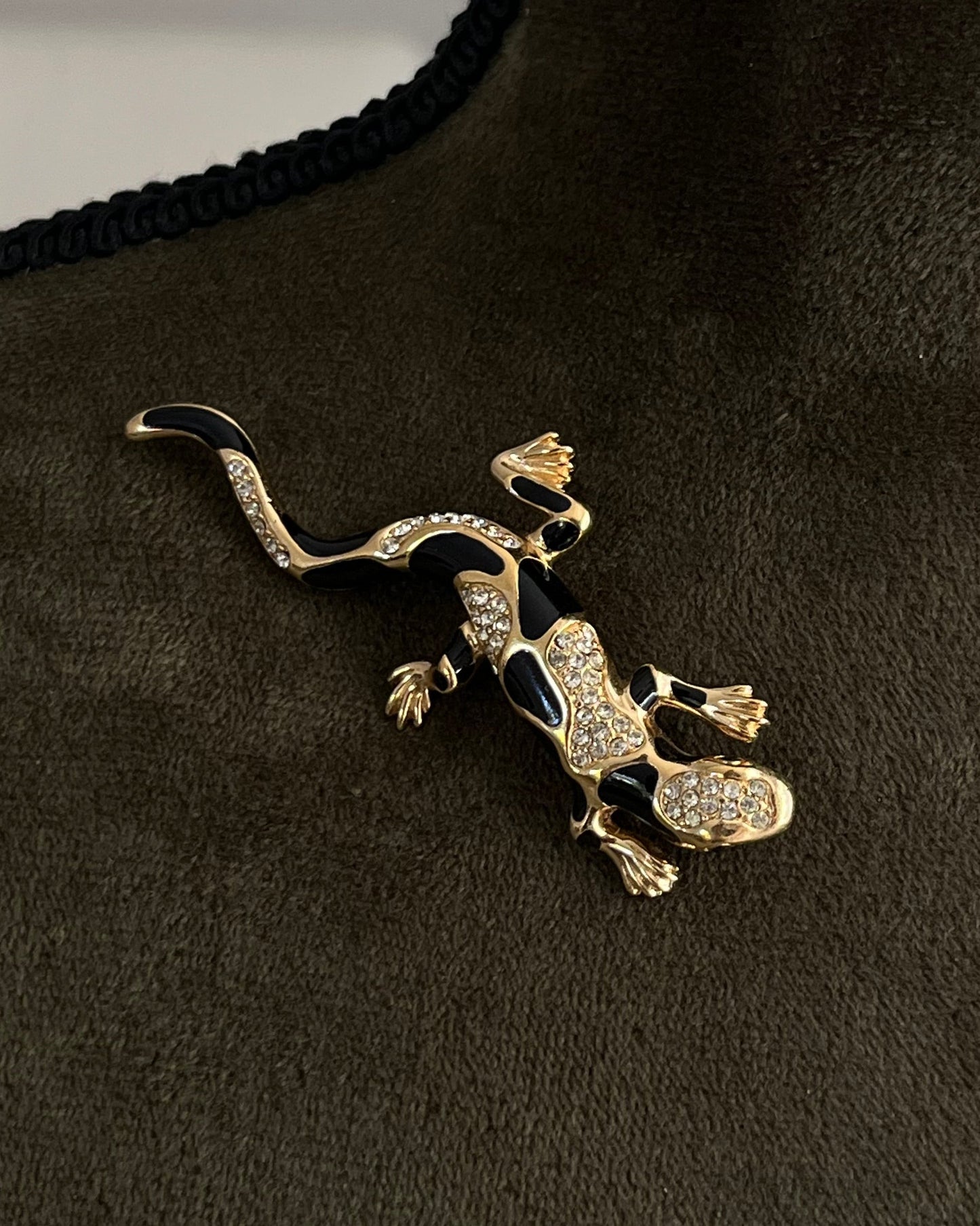 Vintage Christian Dior "Zoo" Collection Lizard Black Enamel Rhinestone Gold-Tone Brooch