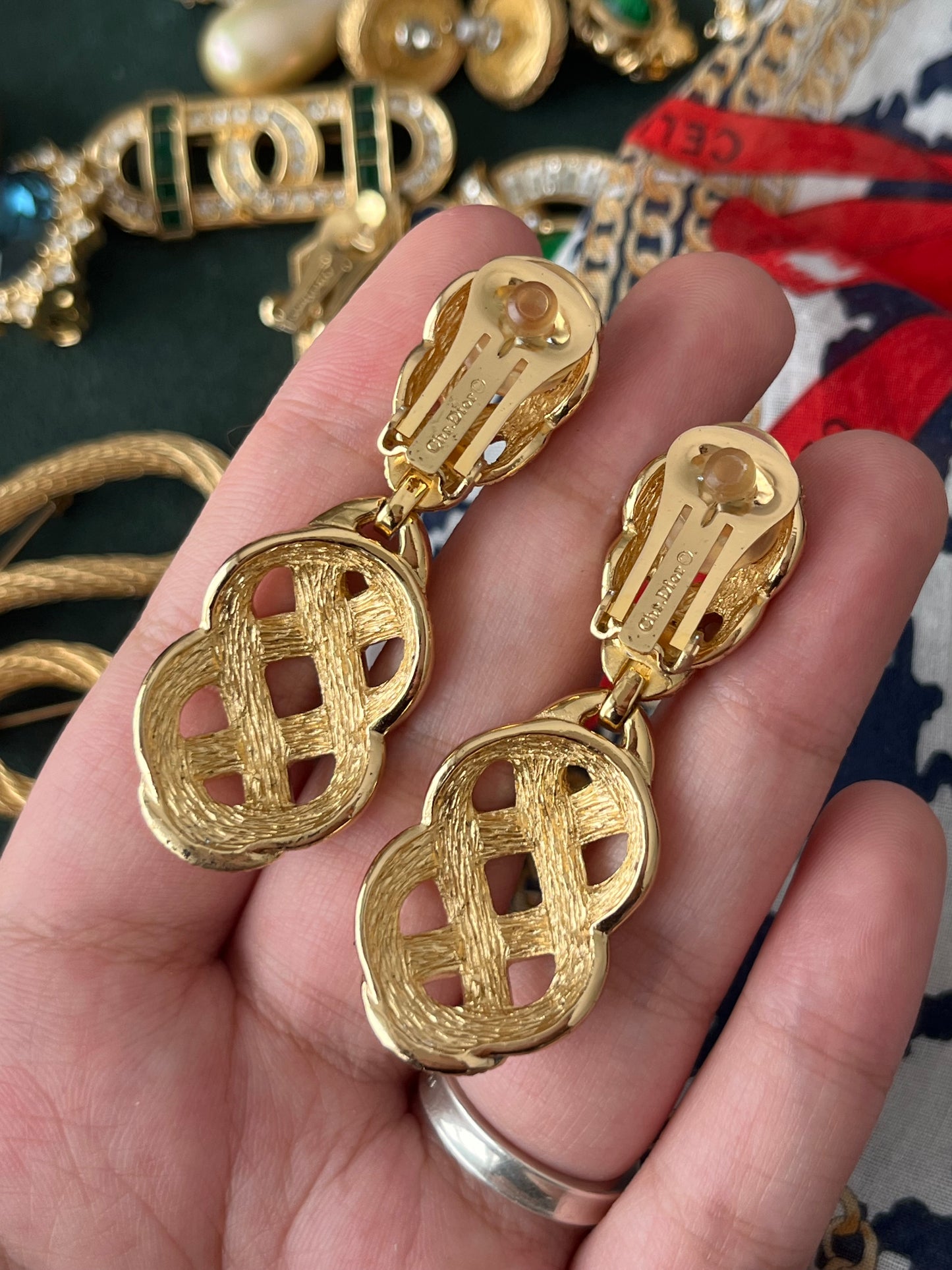 Vintage Christian Dior "Lace" Collection Hollow Braided Teardrop Dangle Drop Rhinestone Gold-Tone Clip-On Earrings