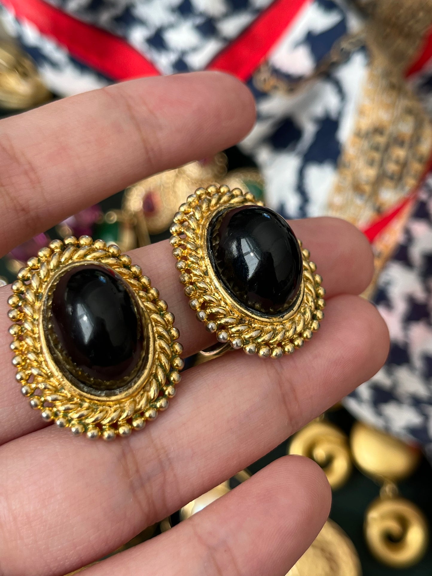 Vintage Christian Dior 1971 Irregular Black Poured Glass Cabochon Dotted Braided Edge Gold-Tone Clip-On Earrings