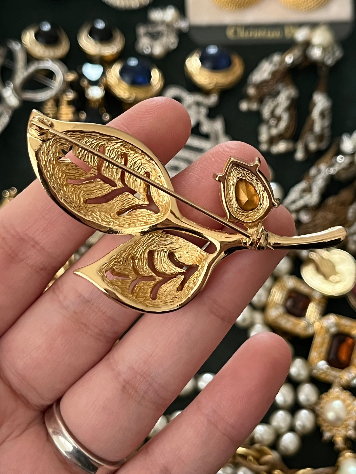 Vintage Christian Dior Leaf Branch Teardrop Orange Rhinestone Prong Gold-Tone Brooch