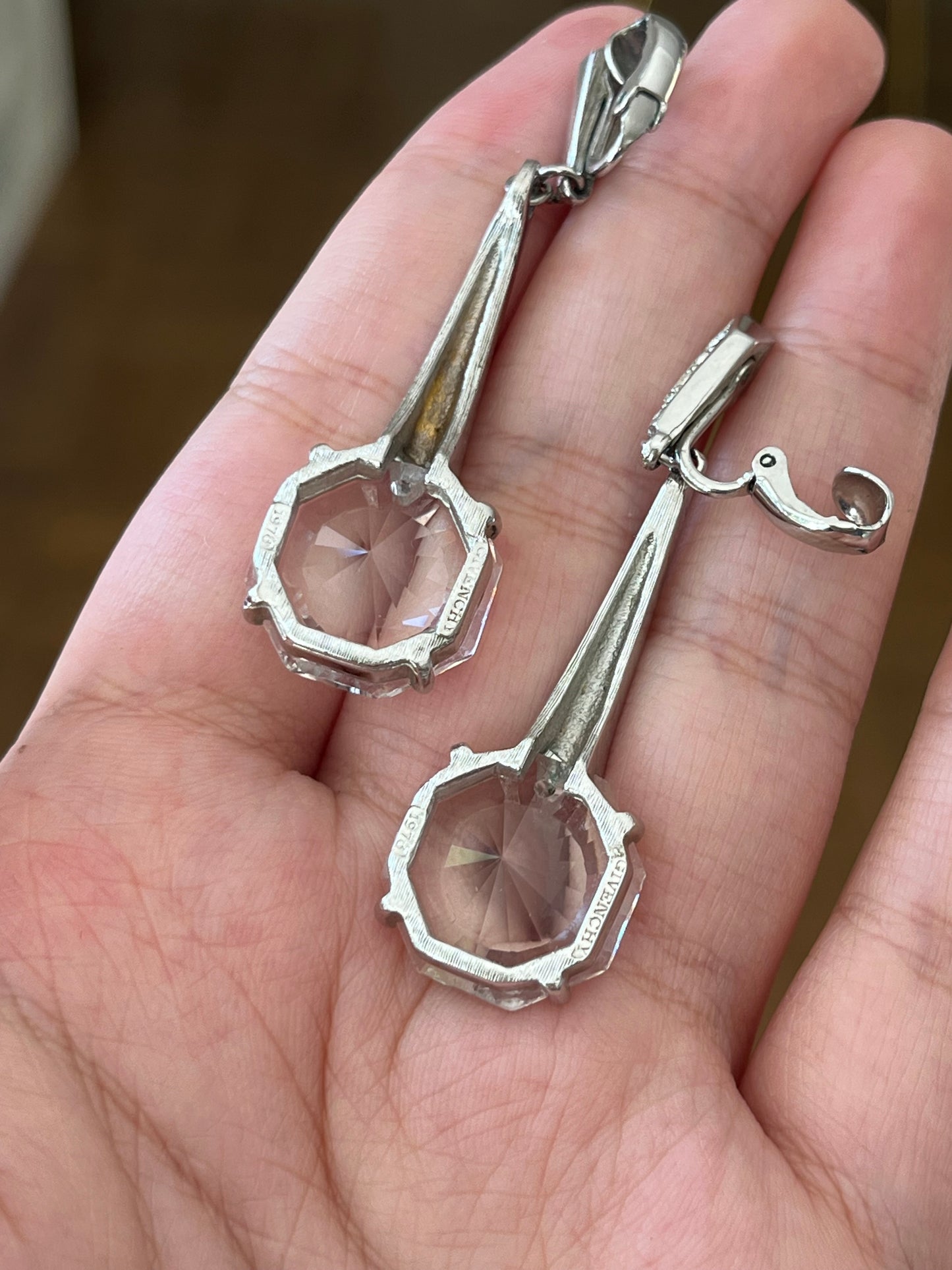 Vintage Givenchy 1978 Clear Faux Crystal Rhinestone Dangle Drop Long Shoulder Brush Silver-Tone Clip-On Earrings