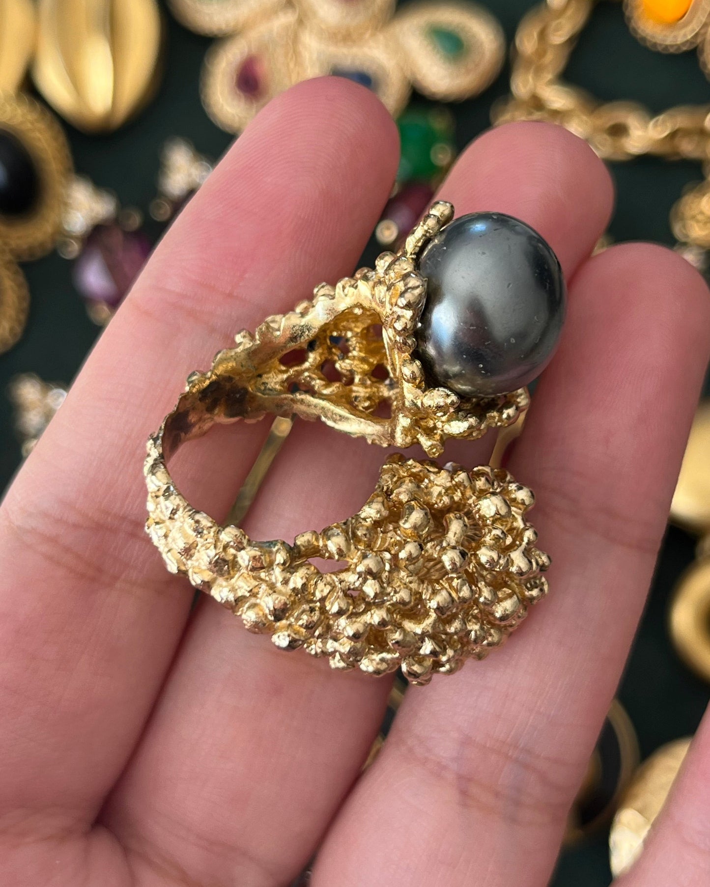 Vintage Grossé (Christian Dior) 1966 Faux Grey Tahitian Pearl Irregular Nugget Gold-Plated Adjustable Open Cocktail Ring