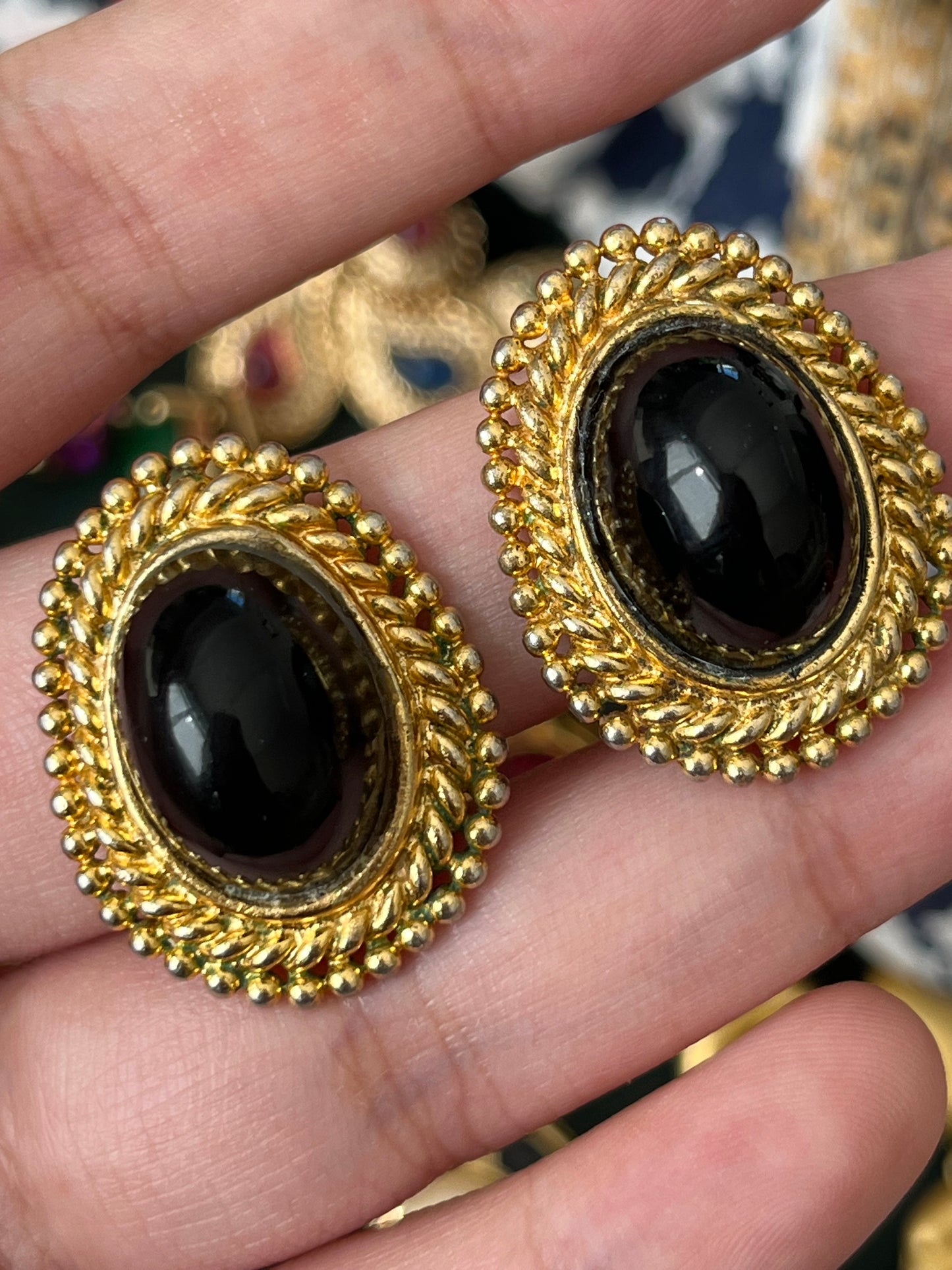 Vintage Christian Dior 1971 Irregular Black Poured Glass Cabochon Dotted Braided Edge Gold-Tone Clip-On Earrings
