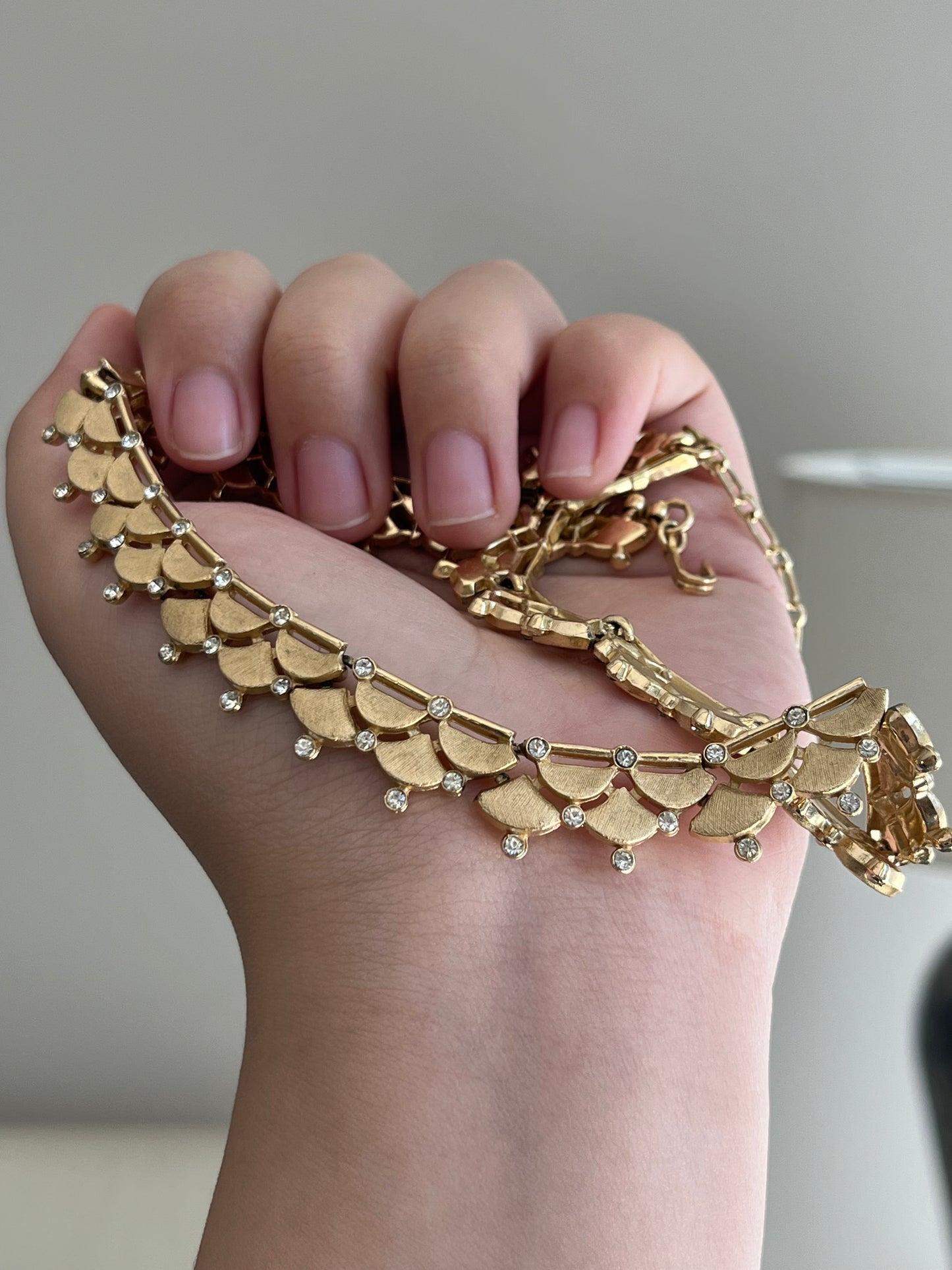 Vintage Crown Trifari "Dagon Scale" Layered Pedal Rhinestone Gold-Tone Choker Necklace