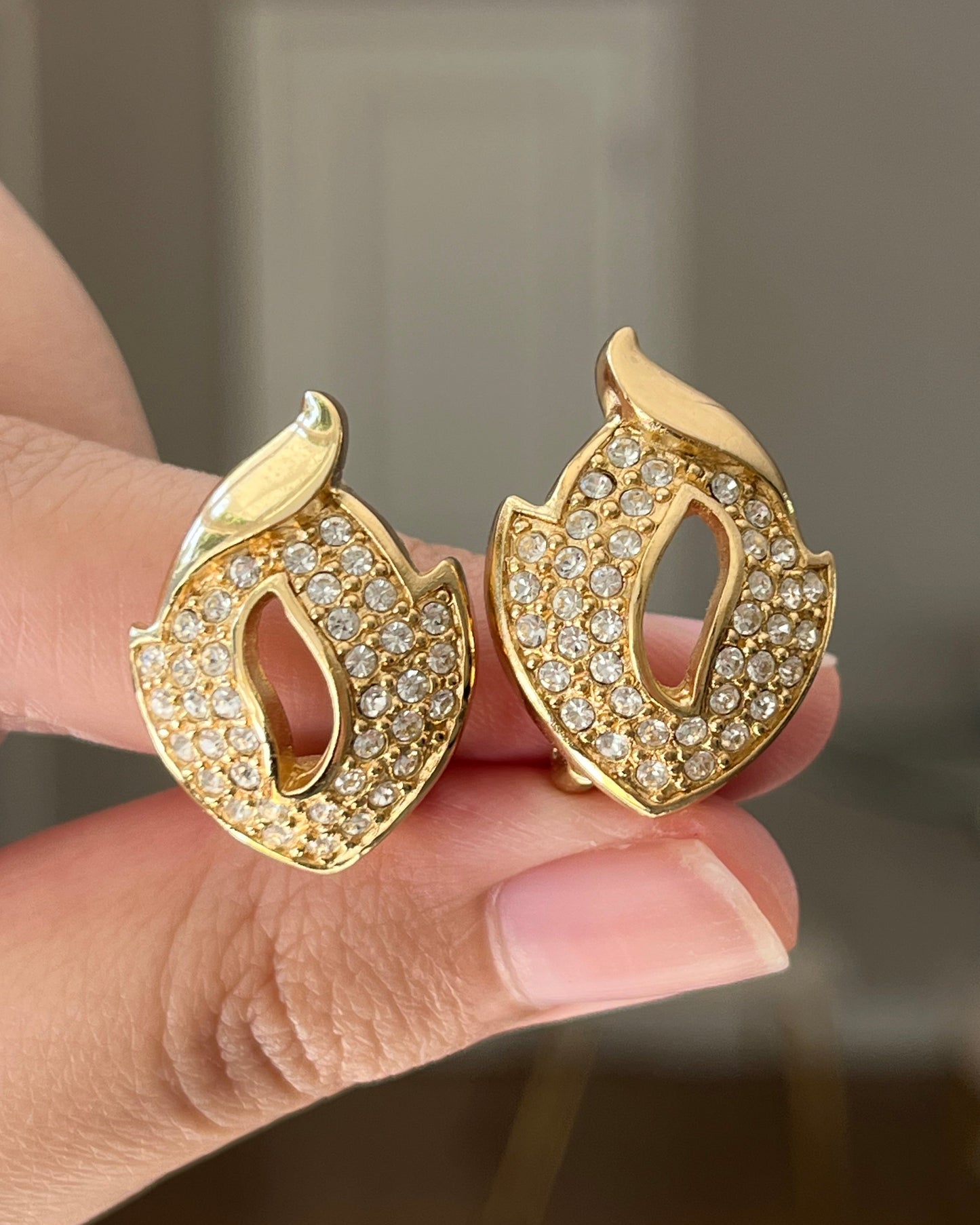 Vintage Christian Dior Pedal Flame Rhinestone Pavé Gold-Tone Clip-On Earrings