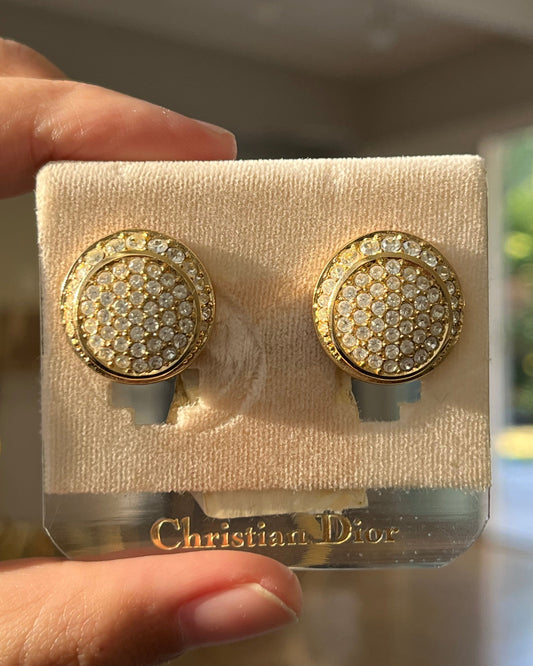 Vintage Christian Dior Rhinestone Pavé Round Gold-Tone Clip-On Earrings with Card