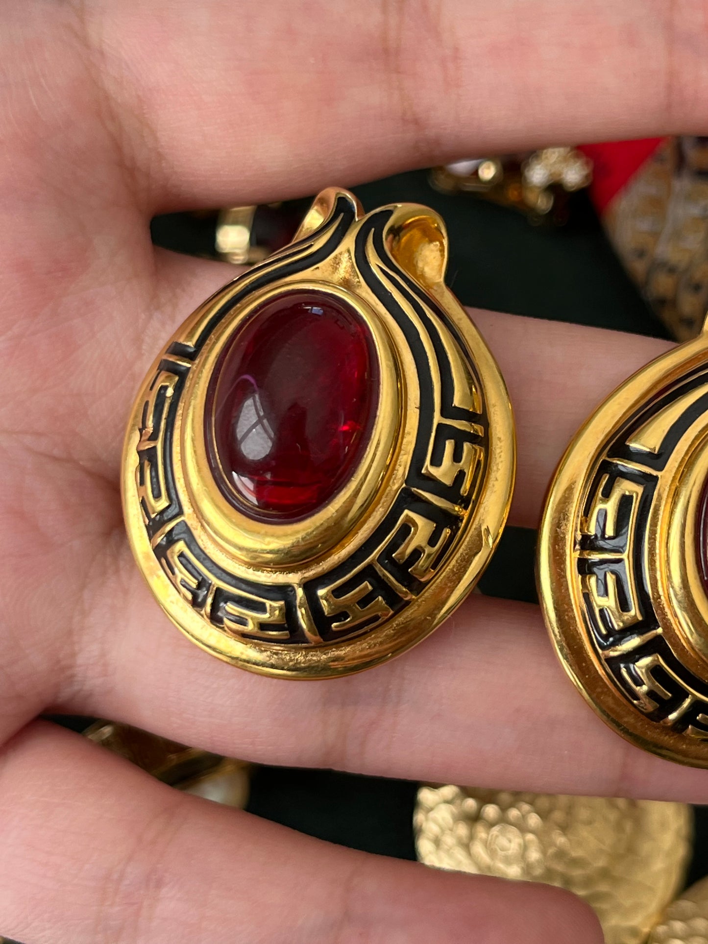 Vintage Fendi "Tulip" Collection Oval Red Swirly Poured Glass Cabochon Black Enamel Logo Gold-Tone Clip-On Earrings