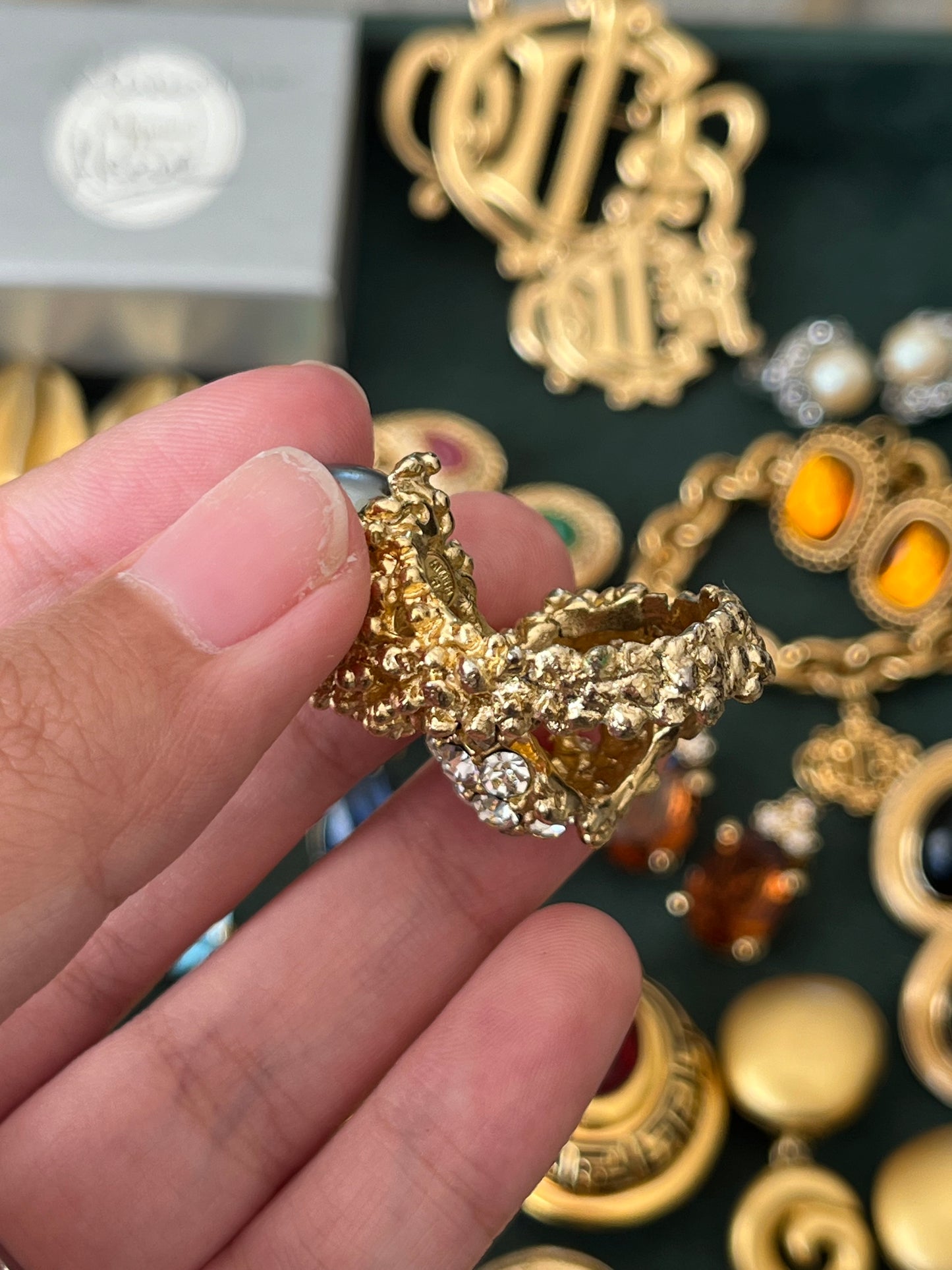 Vintage Grossé (Christian Dior) 1966 Faux Grey Tahitian Pearl Irregular Nugget Gold-Plated Adjustable Open Cocktail Ring