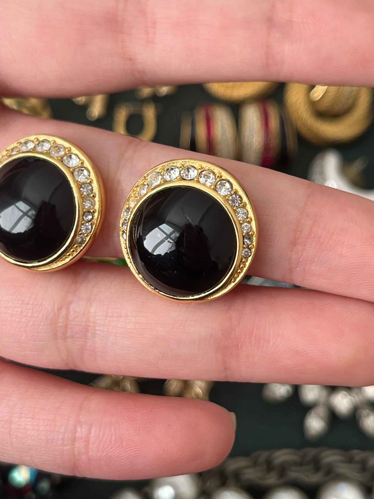 Vintage Christian Dior Round Black Poured Glass Cabochon Rhinestone Gold-Tone Clip-On Earrings