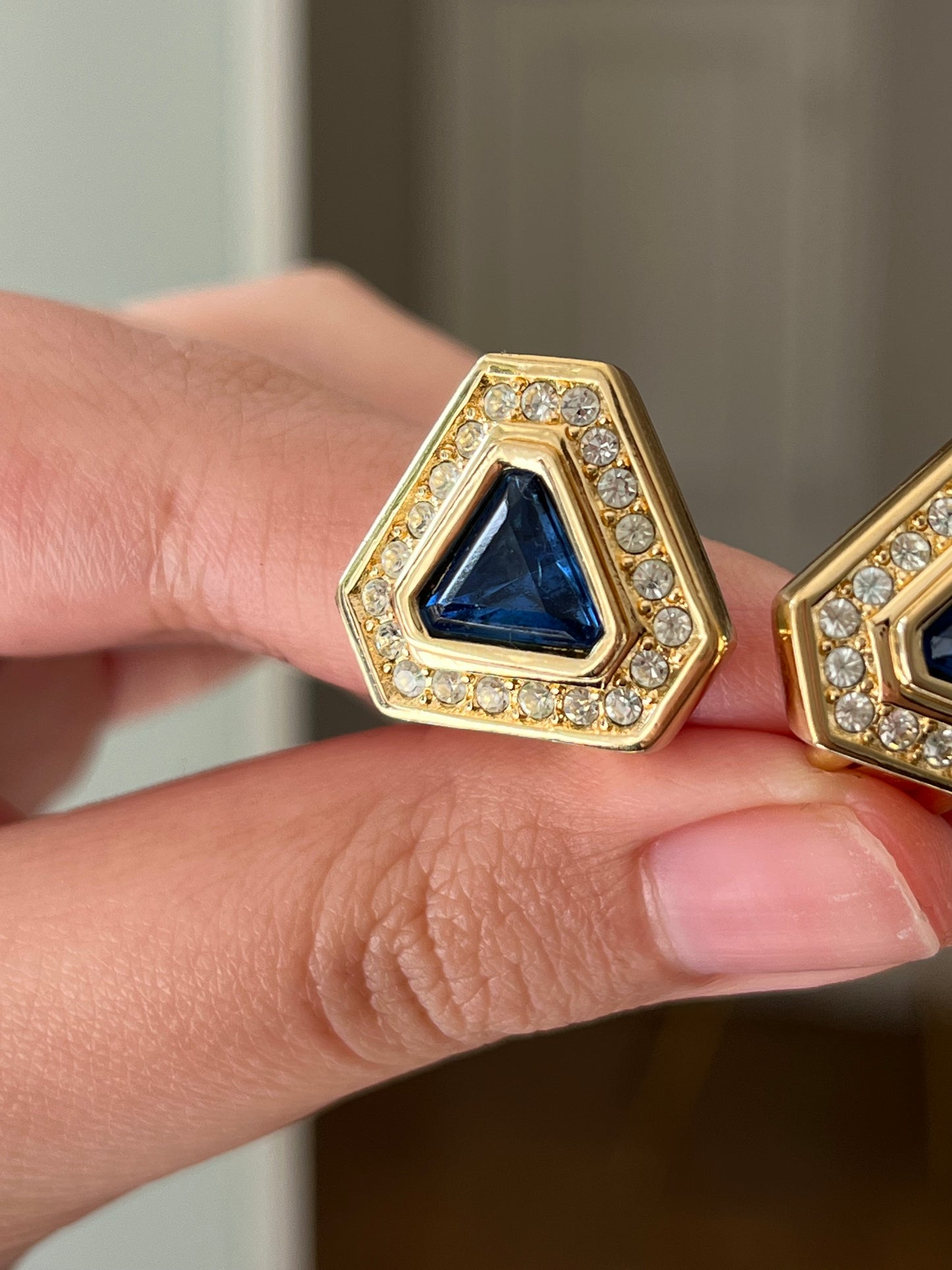 Vintage Christian Dior Triangular Blue Molded Glass Cabochon Rhinestone Gold-Tone Clip-On Earrings